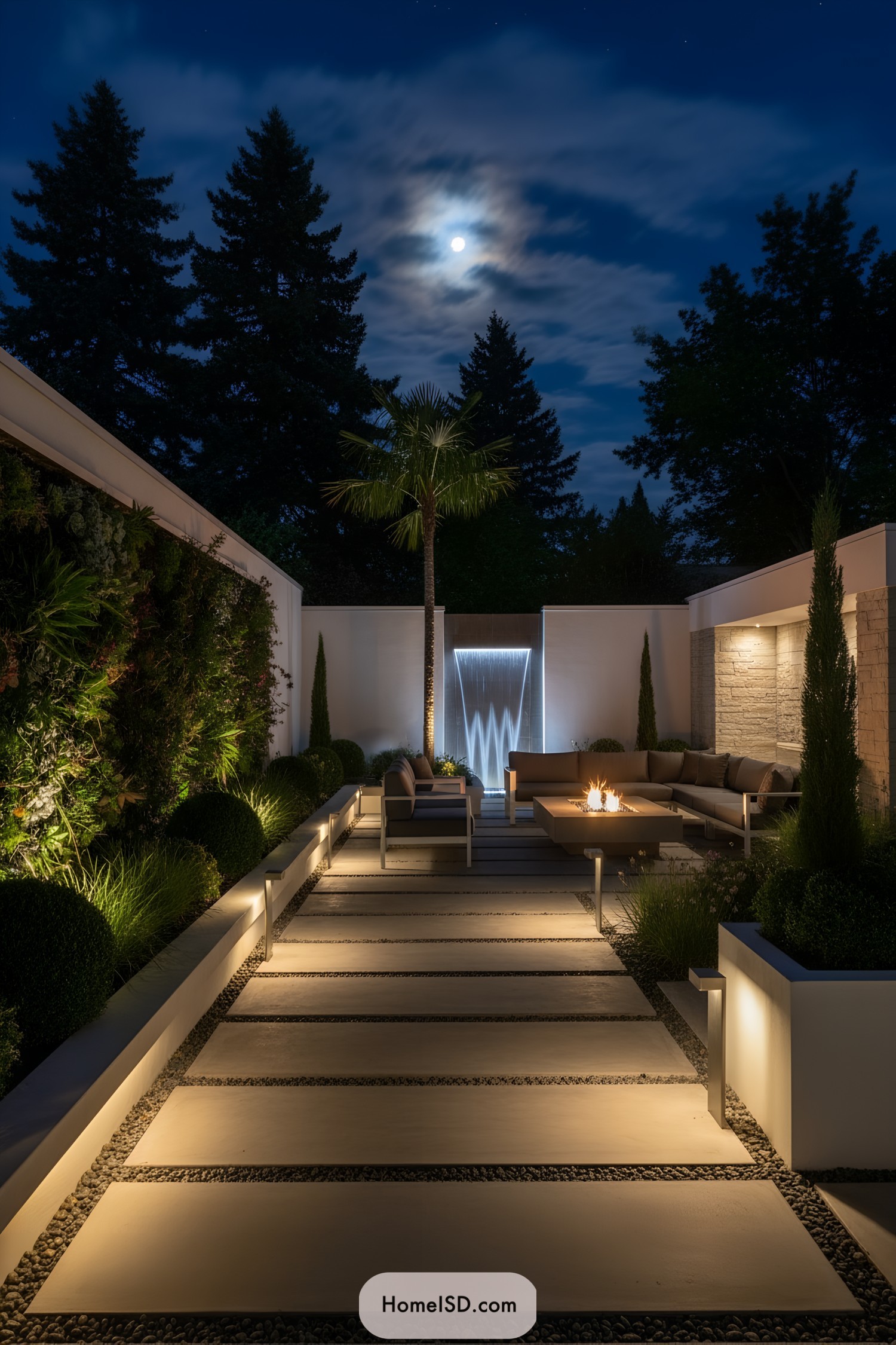 Nighttime modern courtyard with lit pathway, fire pit seating, and a vertical water feature