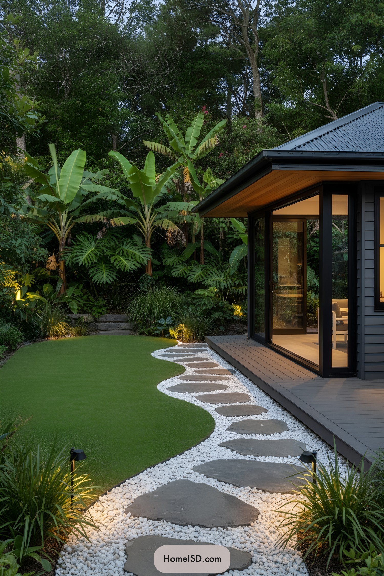 Curving stepping-stone path beside turf lawn and modern glass-walled pavilion framed by lush tropical plantings