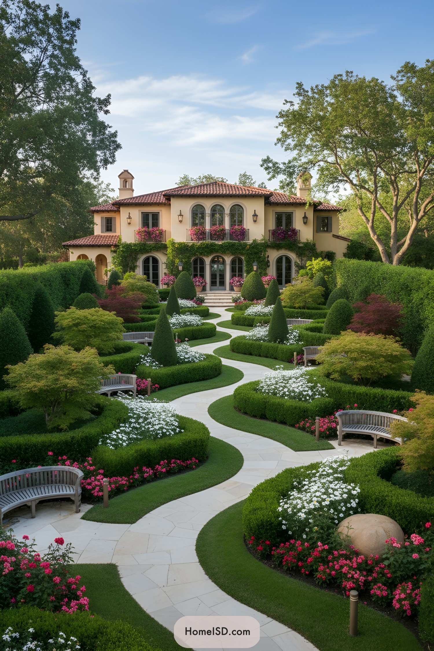 Curving stone walkway through manicured parterre garden