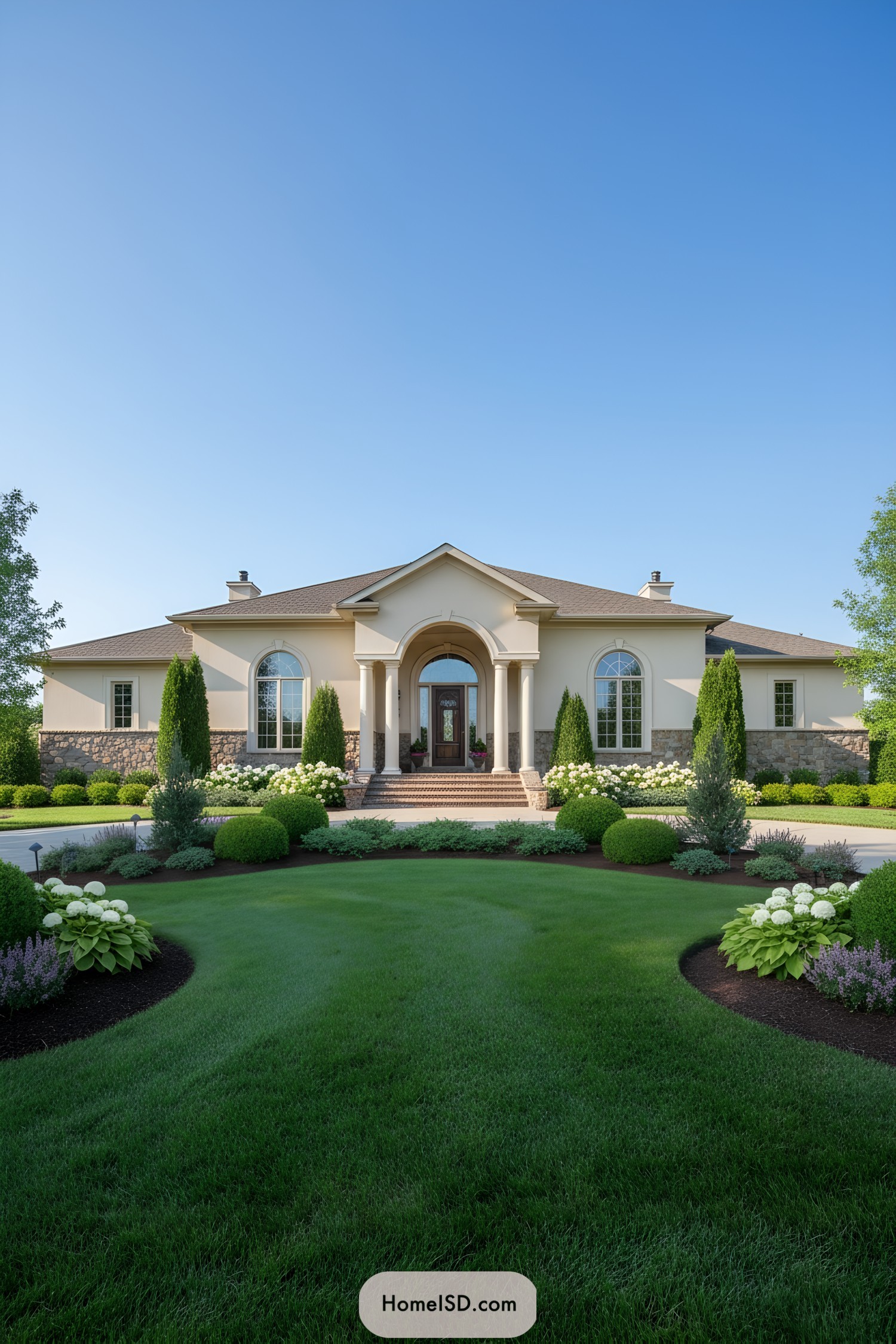 Elegant manor entry with circular lawn and sculpted hedges