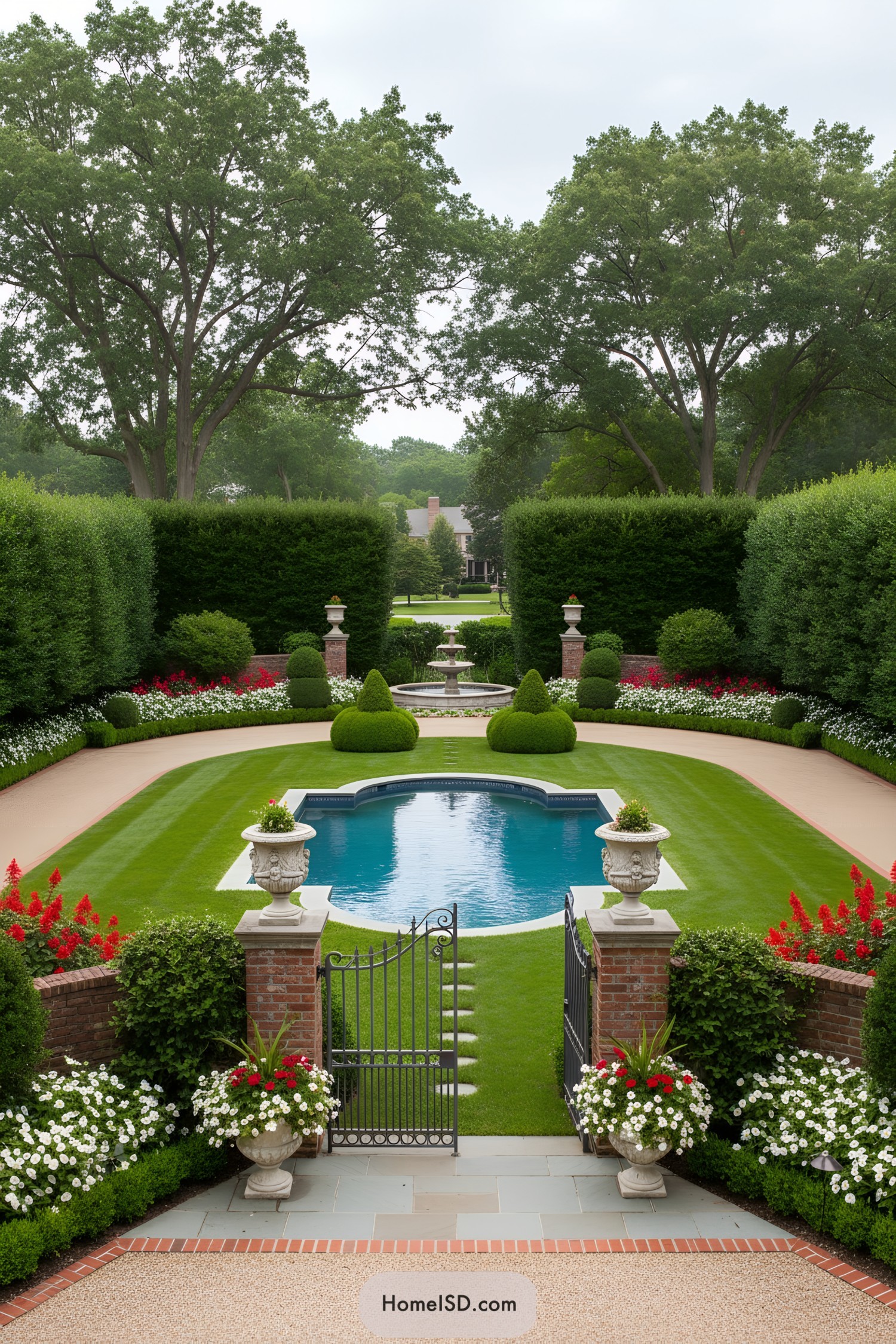 Symmetrical lawn with clover-shaped pool and fountain