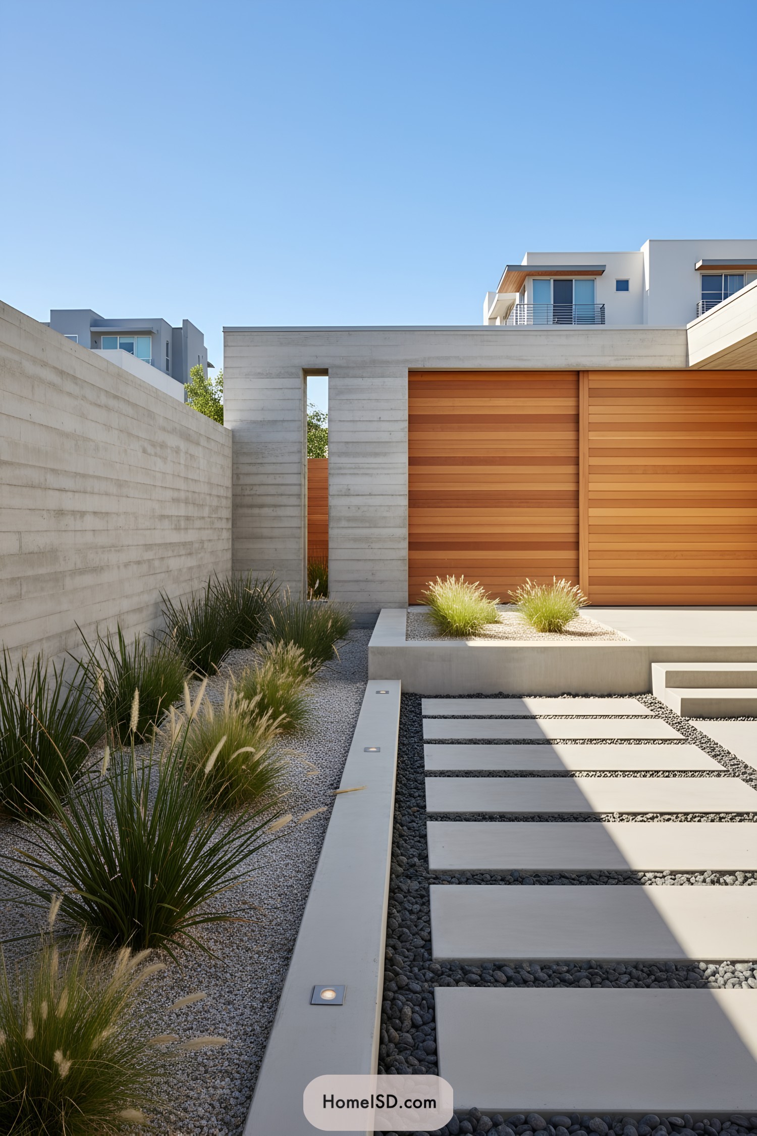 Minimalist courtyard with concrete, cedar, and gravel