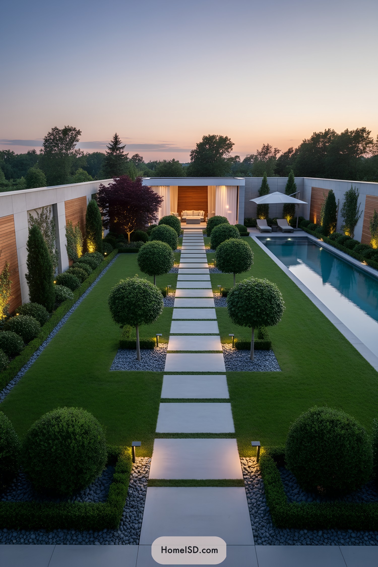 Symmetrical lawn with lit path and pool