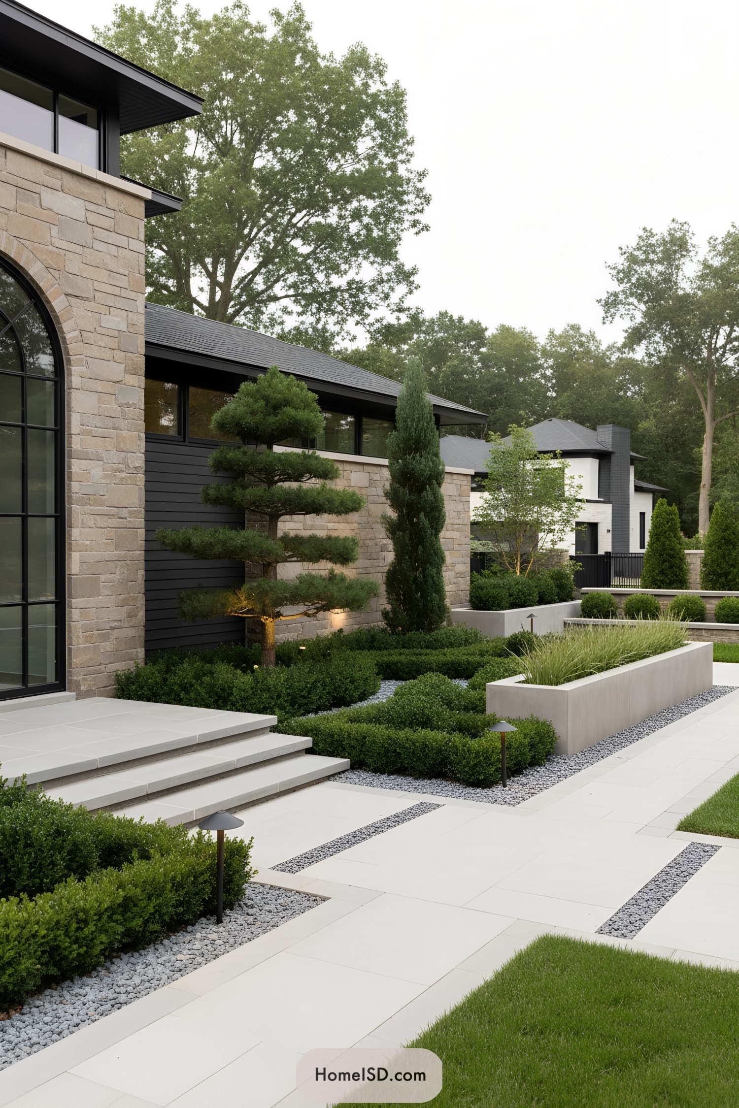 Modern stone courtyard with clipped hedges