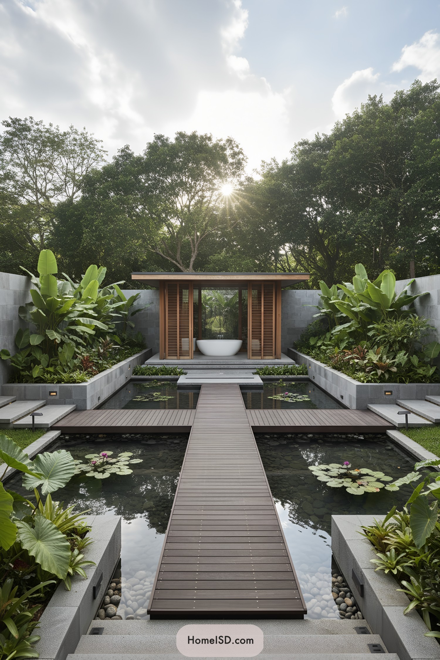Wood bridge over lily ponds to spa pavilion