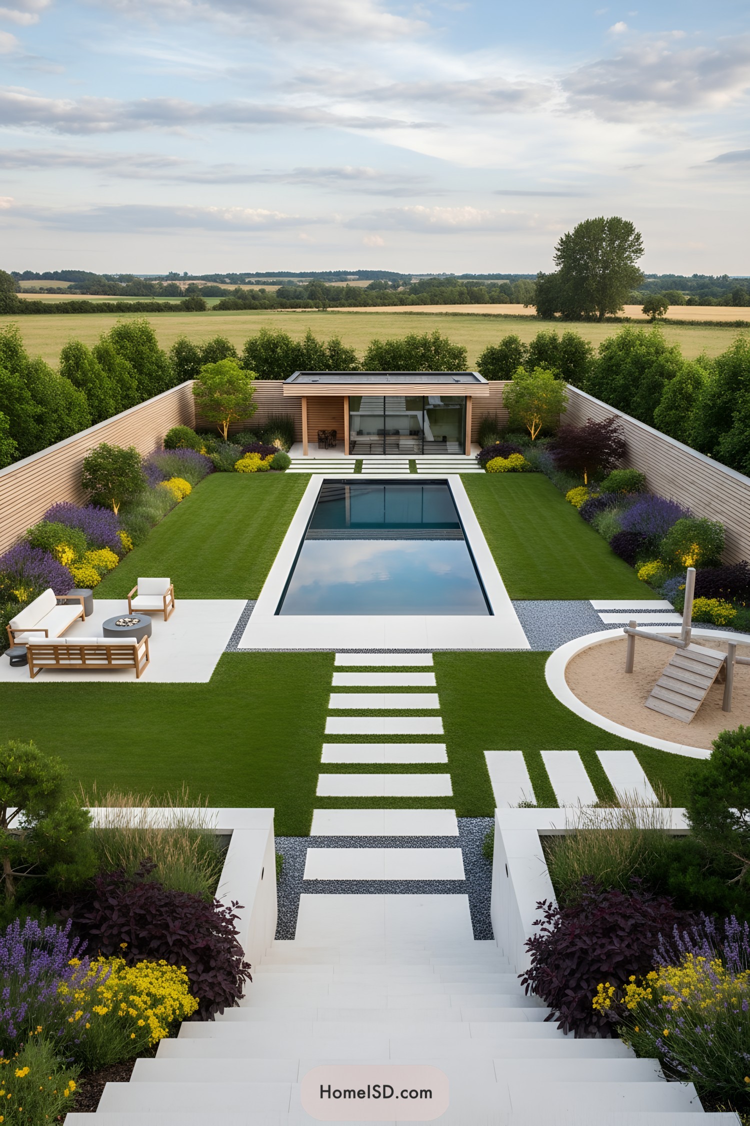 Modern courtyard with linear pool and pavilion