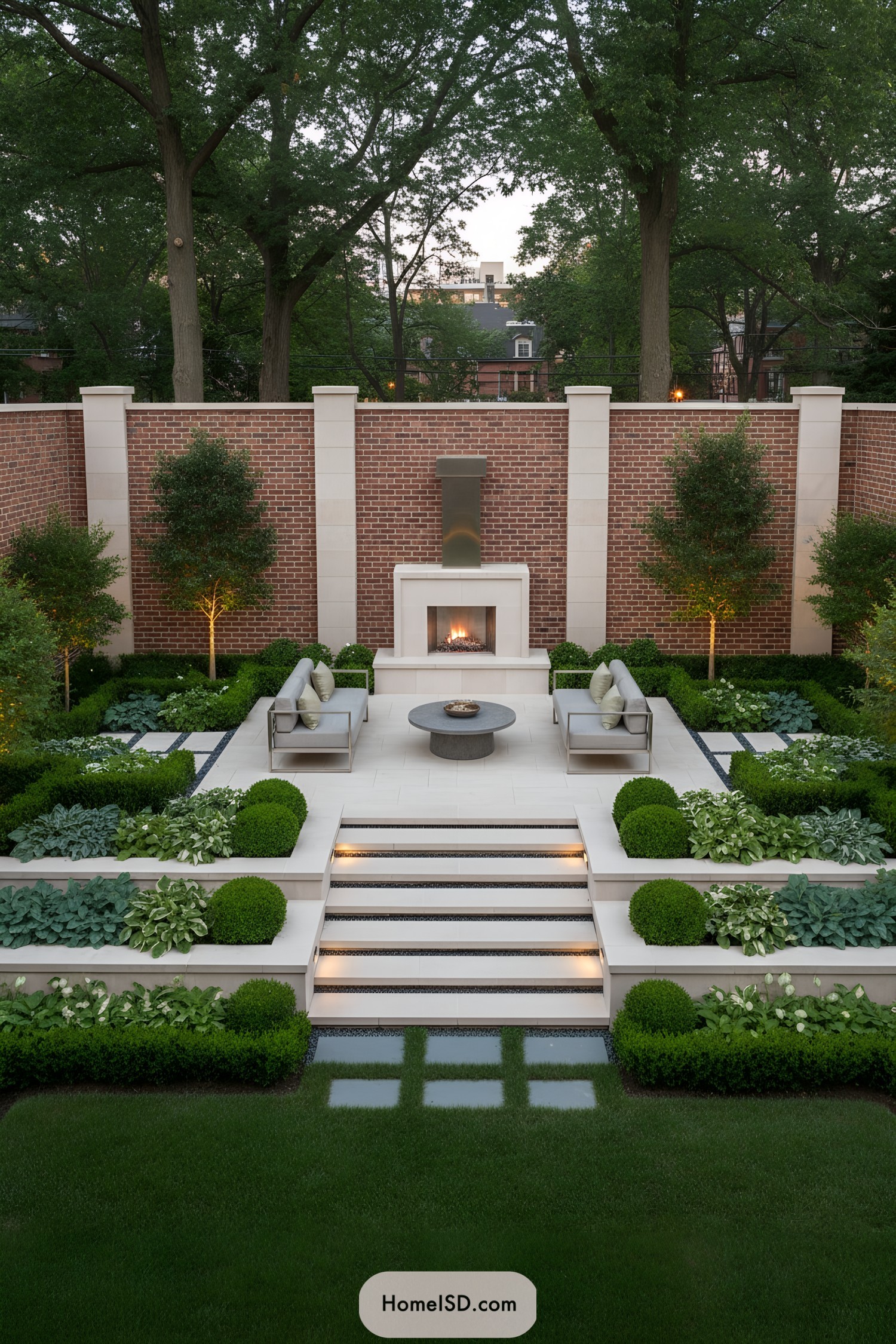 Tiered patio with fireplace and structured greenery