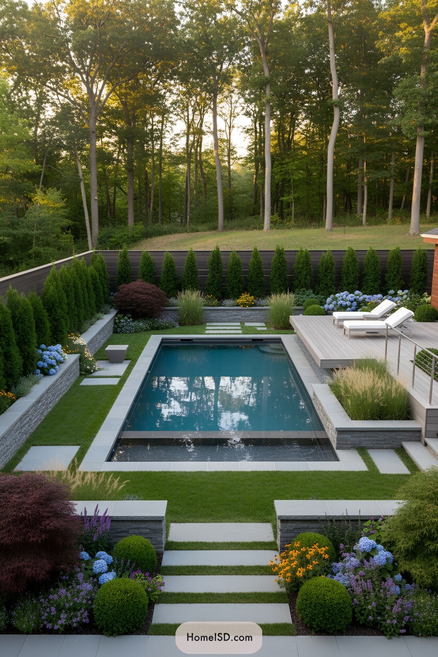 Modern terraced pool with deck, hedges, and stone planters