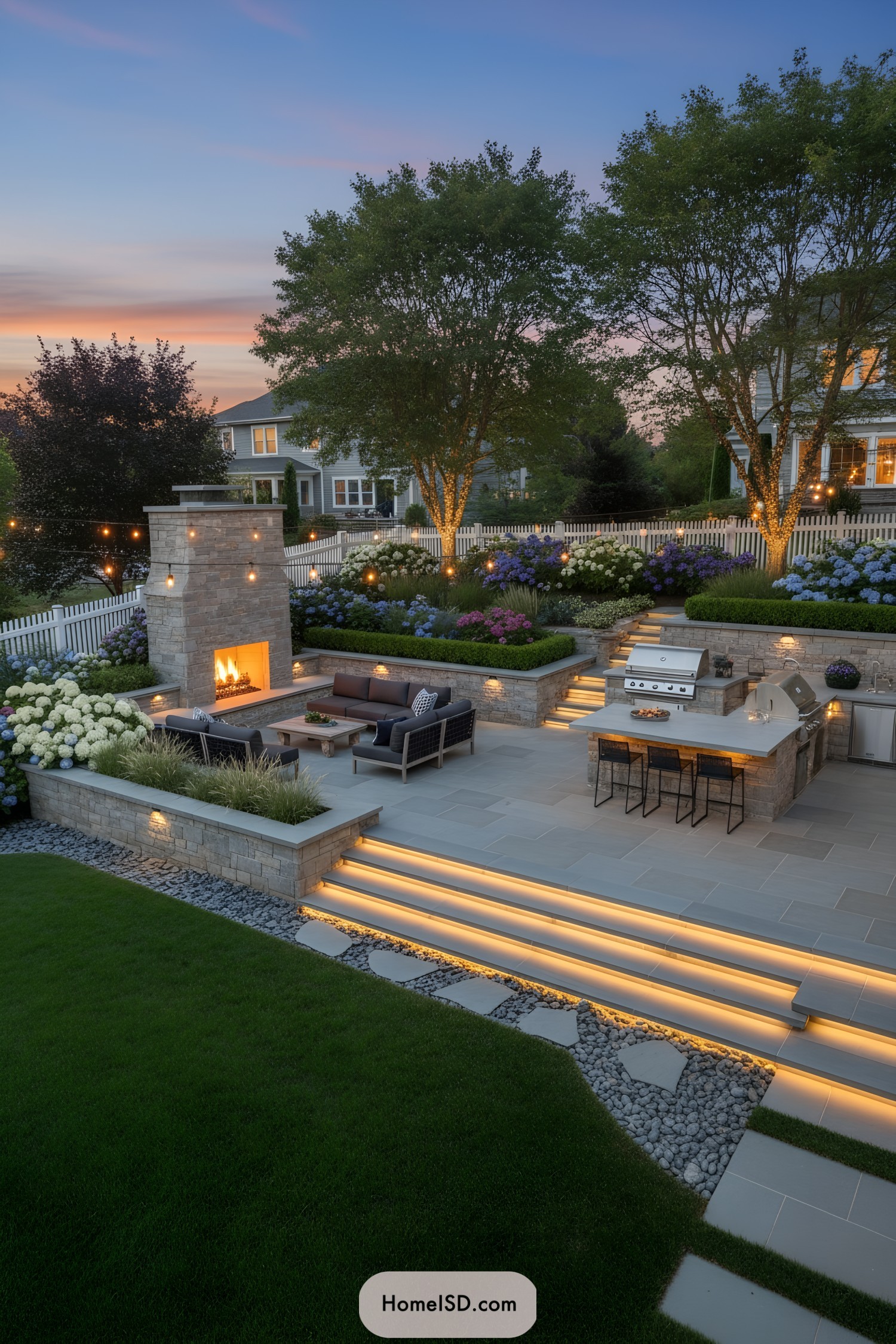 Tiered patio with stone fireplace, outdoor kitchen, and LED-lit steps amid lush hydrangeas