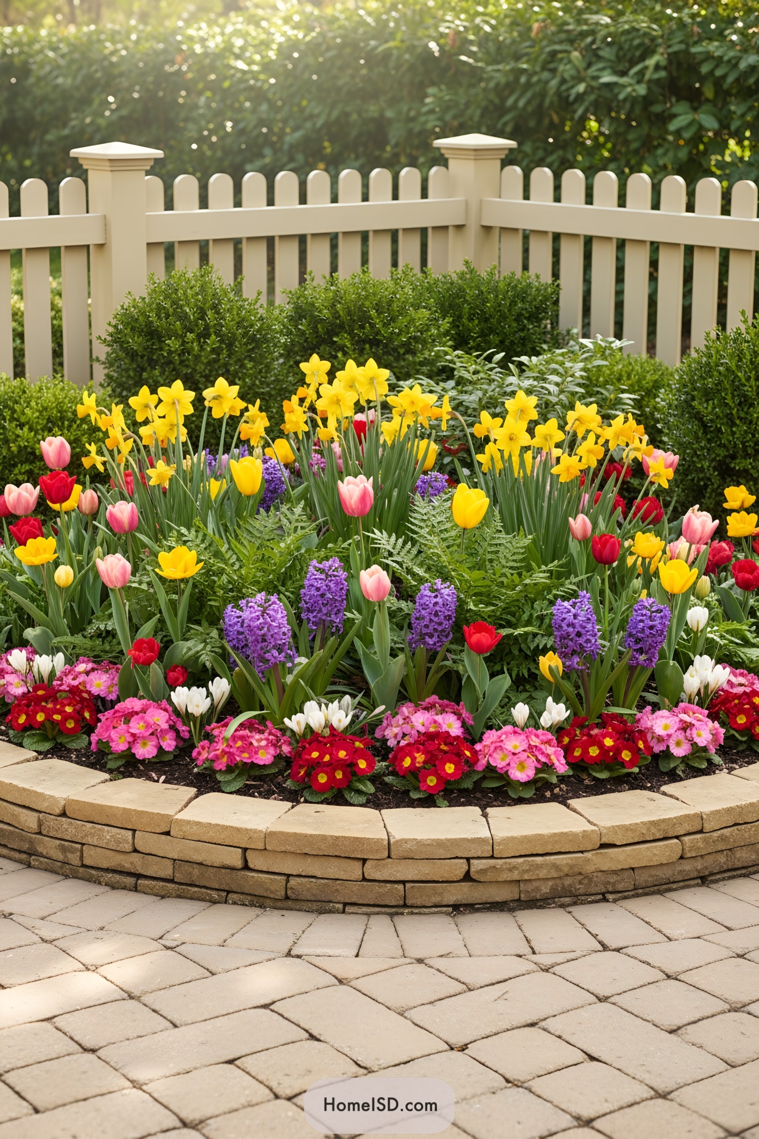 Round raised flower bed with tulips, daffodils, hyacinths, and primroses bordered by stone edging near a cream picket fence
