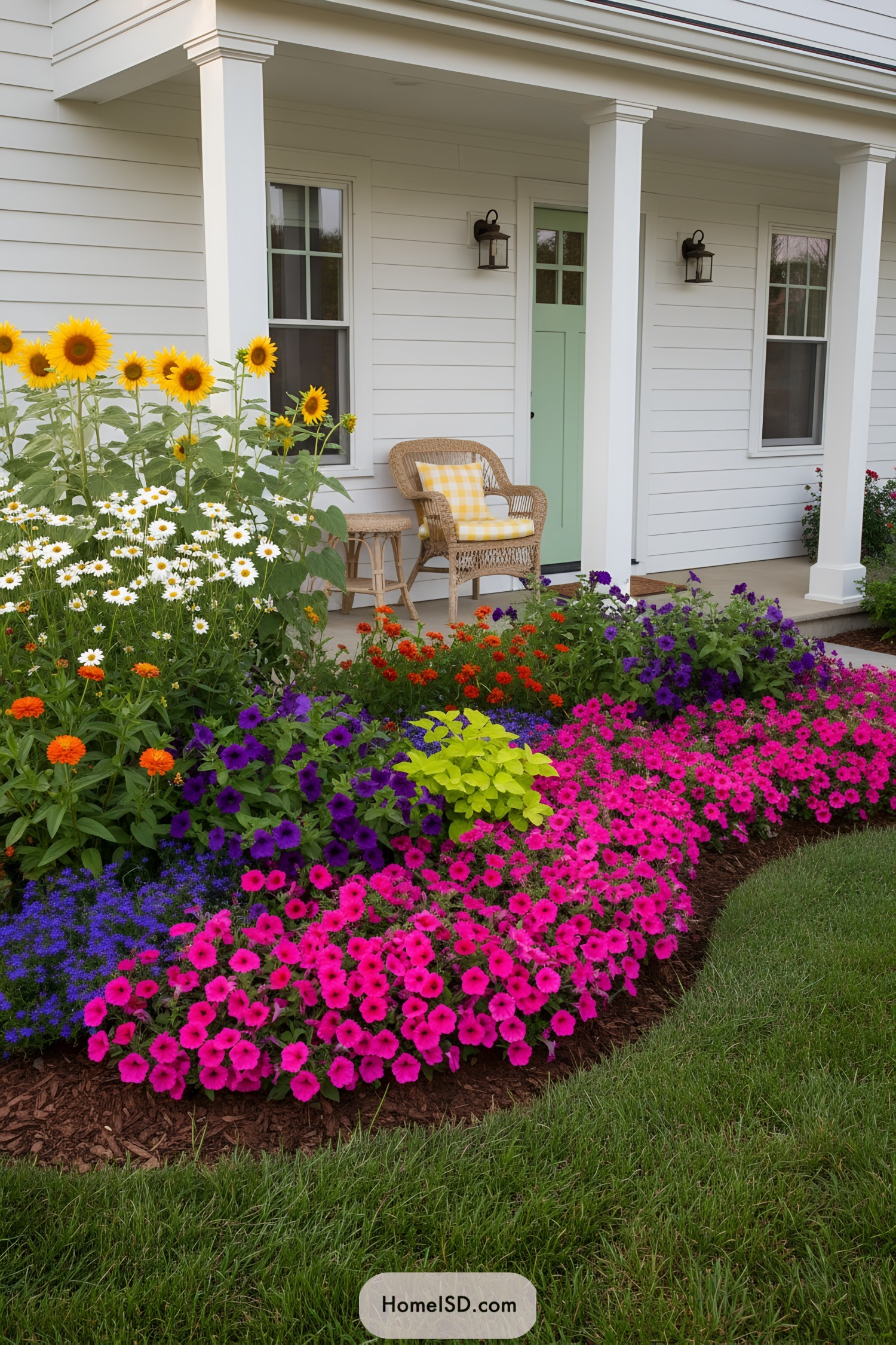 Color-drenched flower bed curving along a white porch