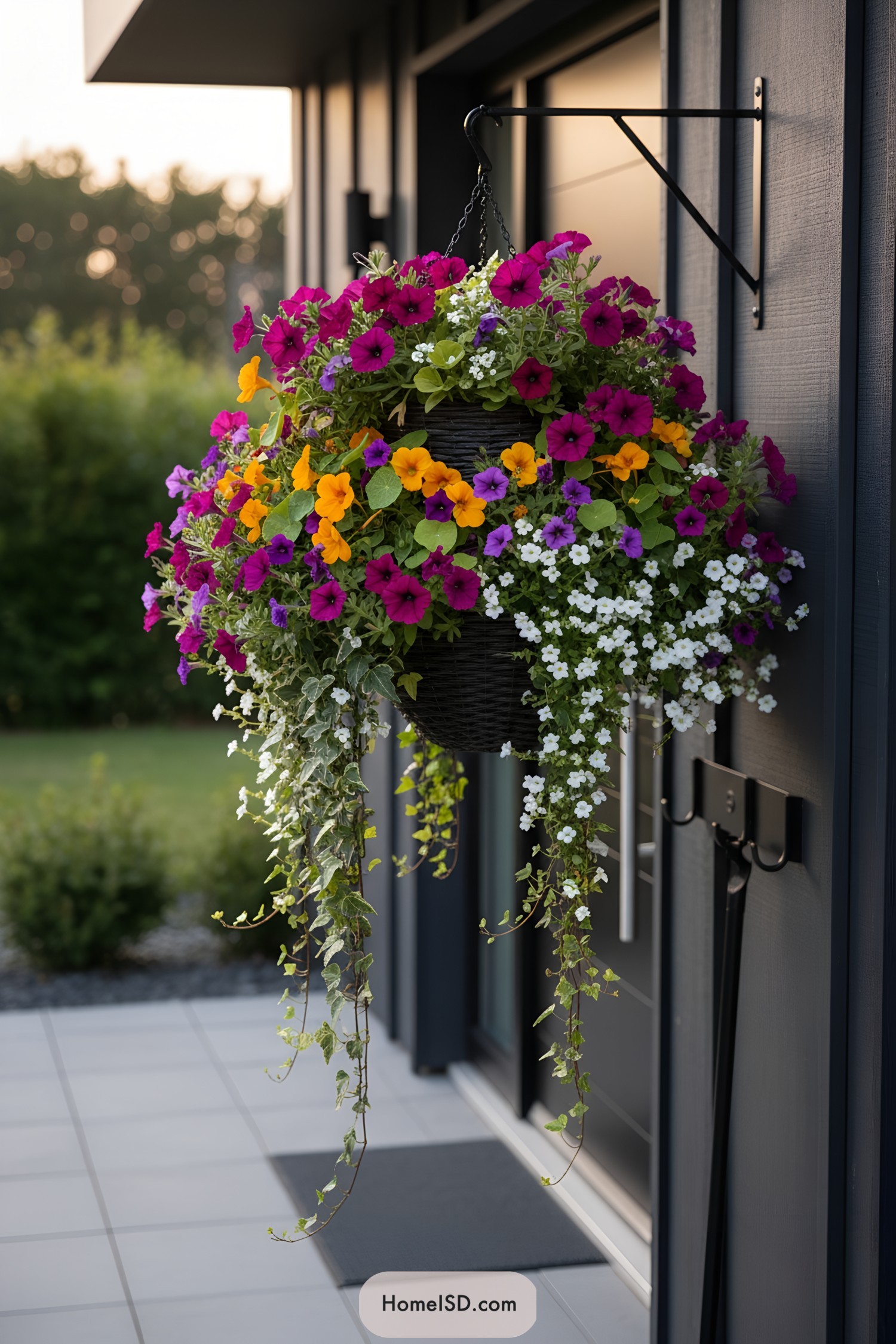 Colorful hanging basket with petunias and trailing vines