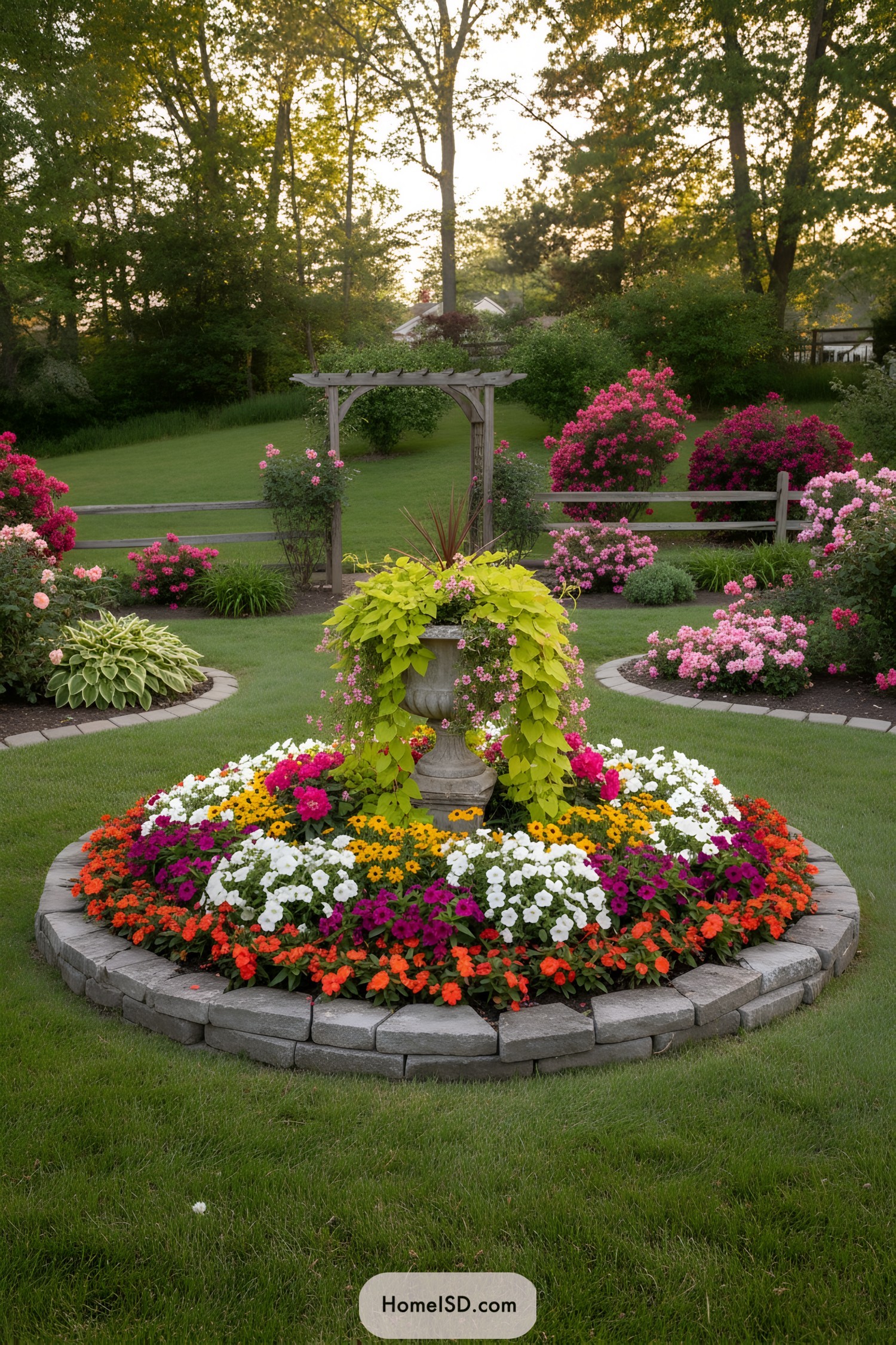 Round stone-edged flower bed with urn center