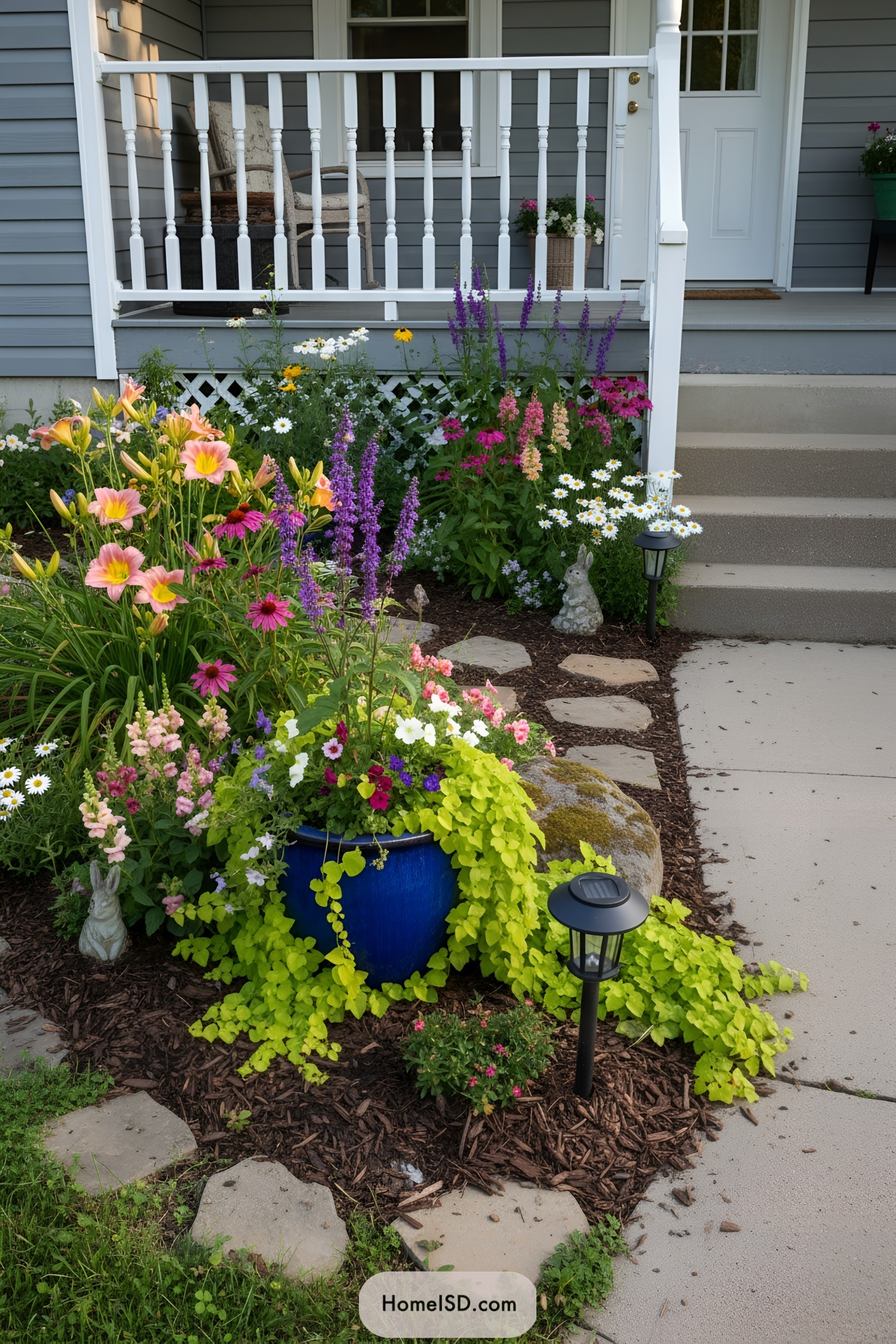 Colorful cottage garden by porch steps