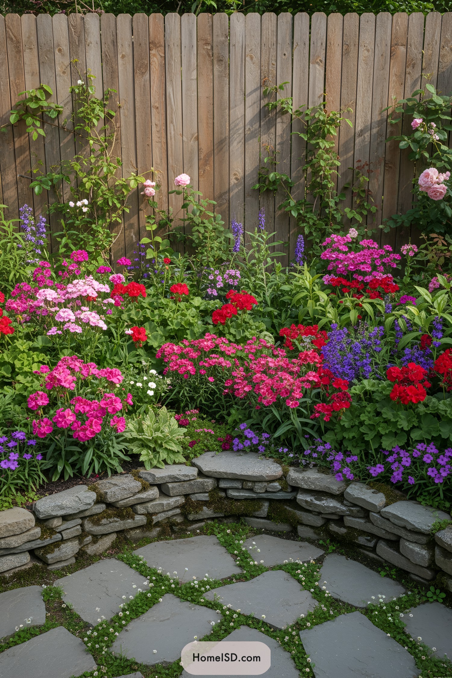 Colorful flower border by a stone patio