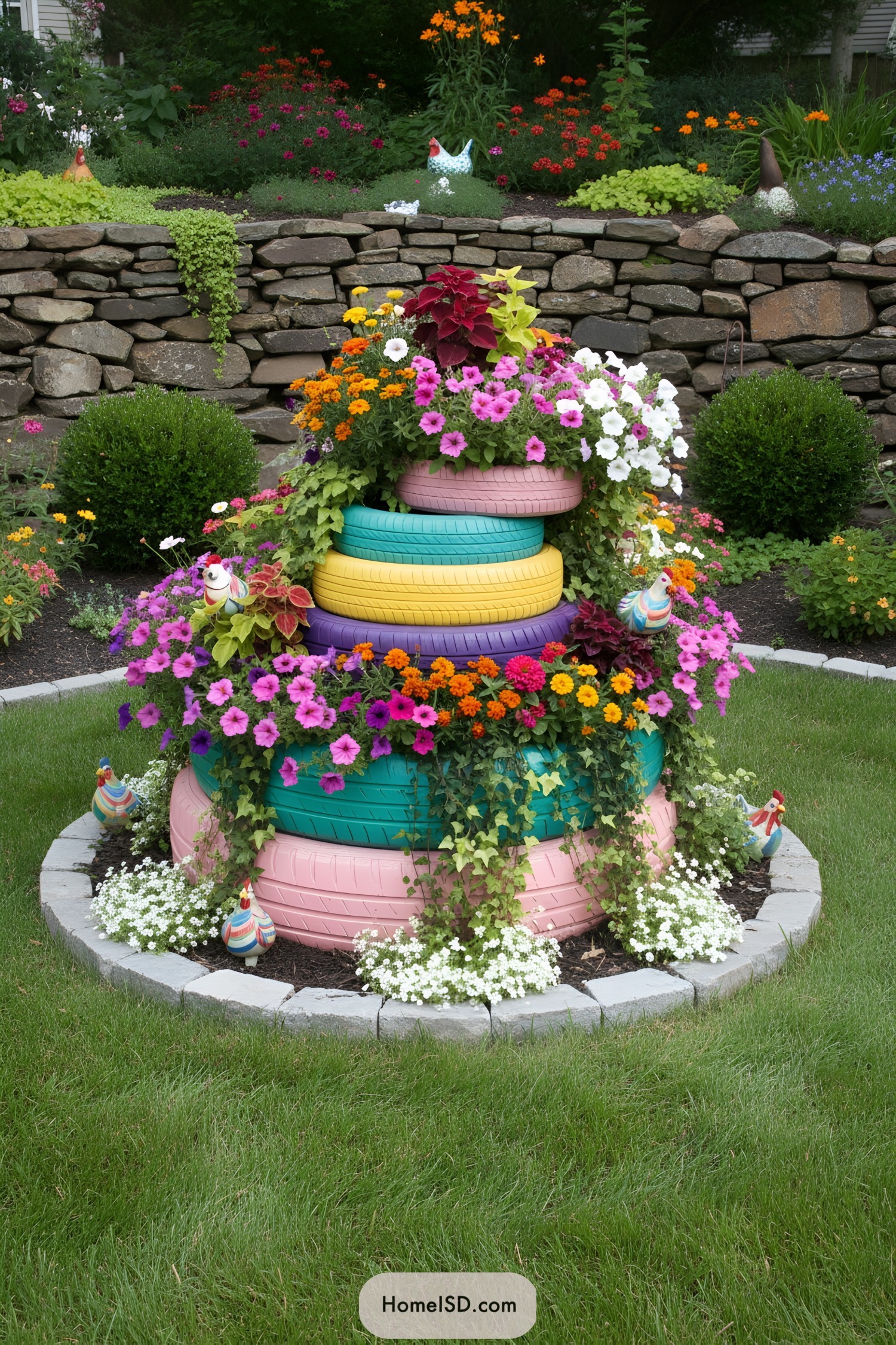 Colorful stacked tires overflowing with petunias and vines