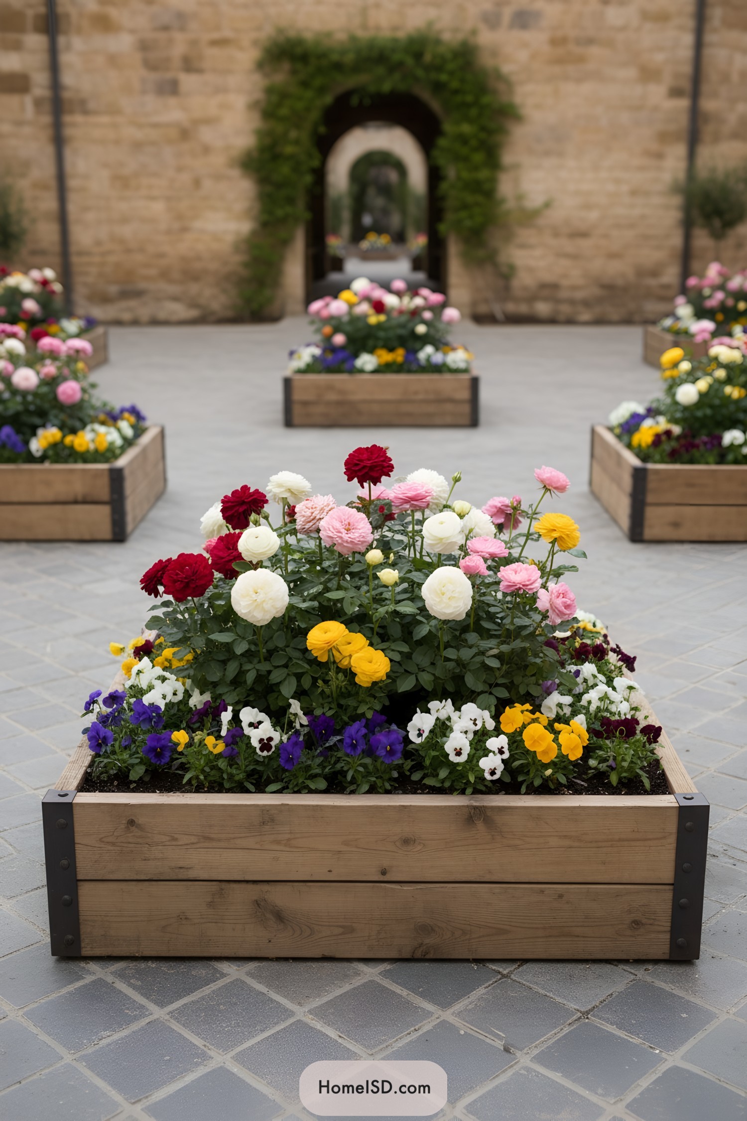 Wood planters brimming with colorful flowers