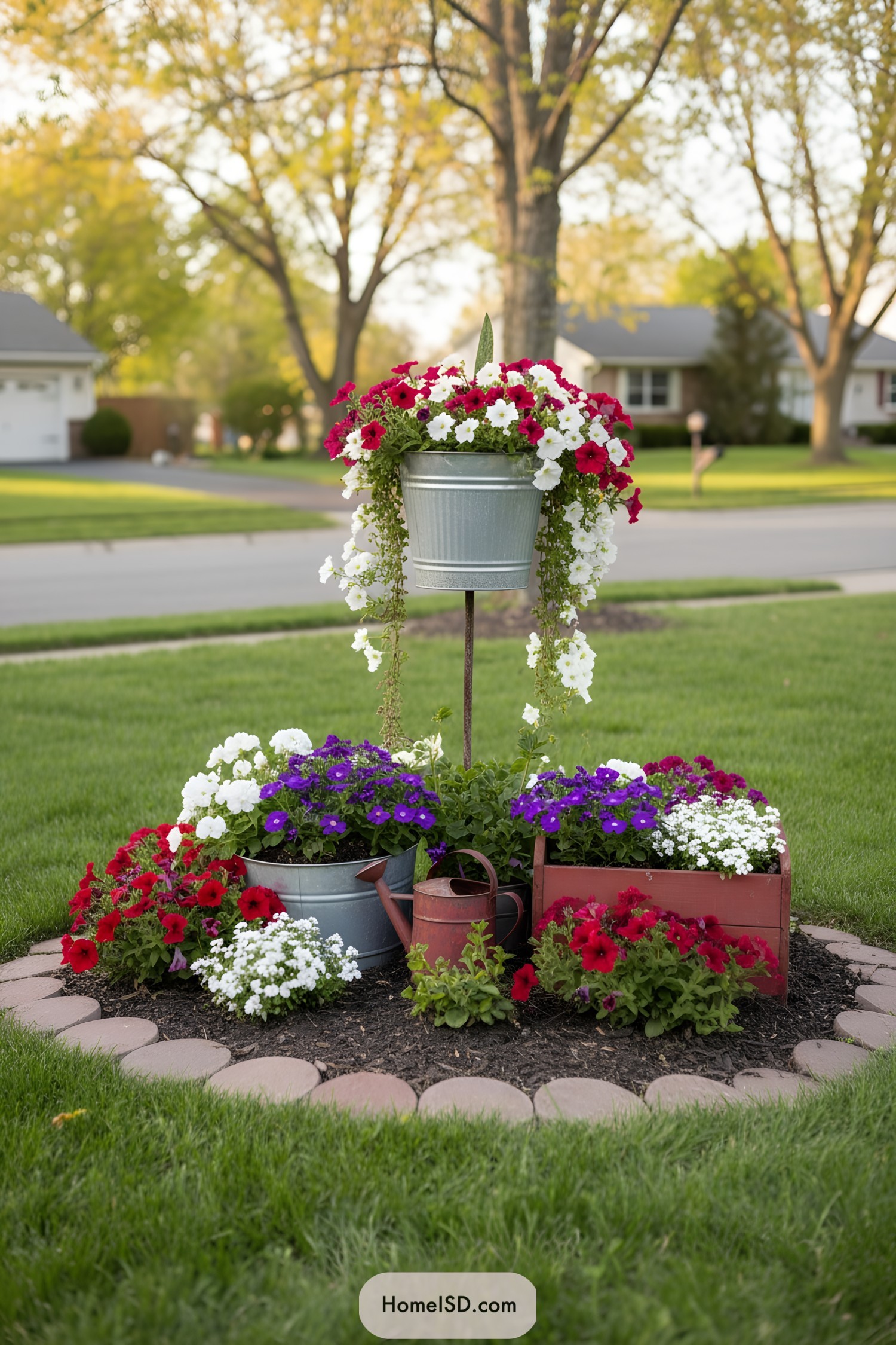 Galvanized bucket tower with cascading petunias