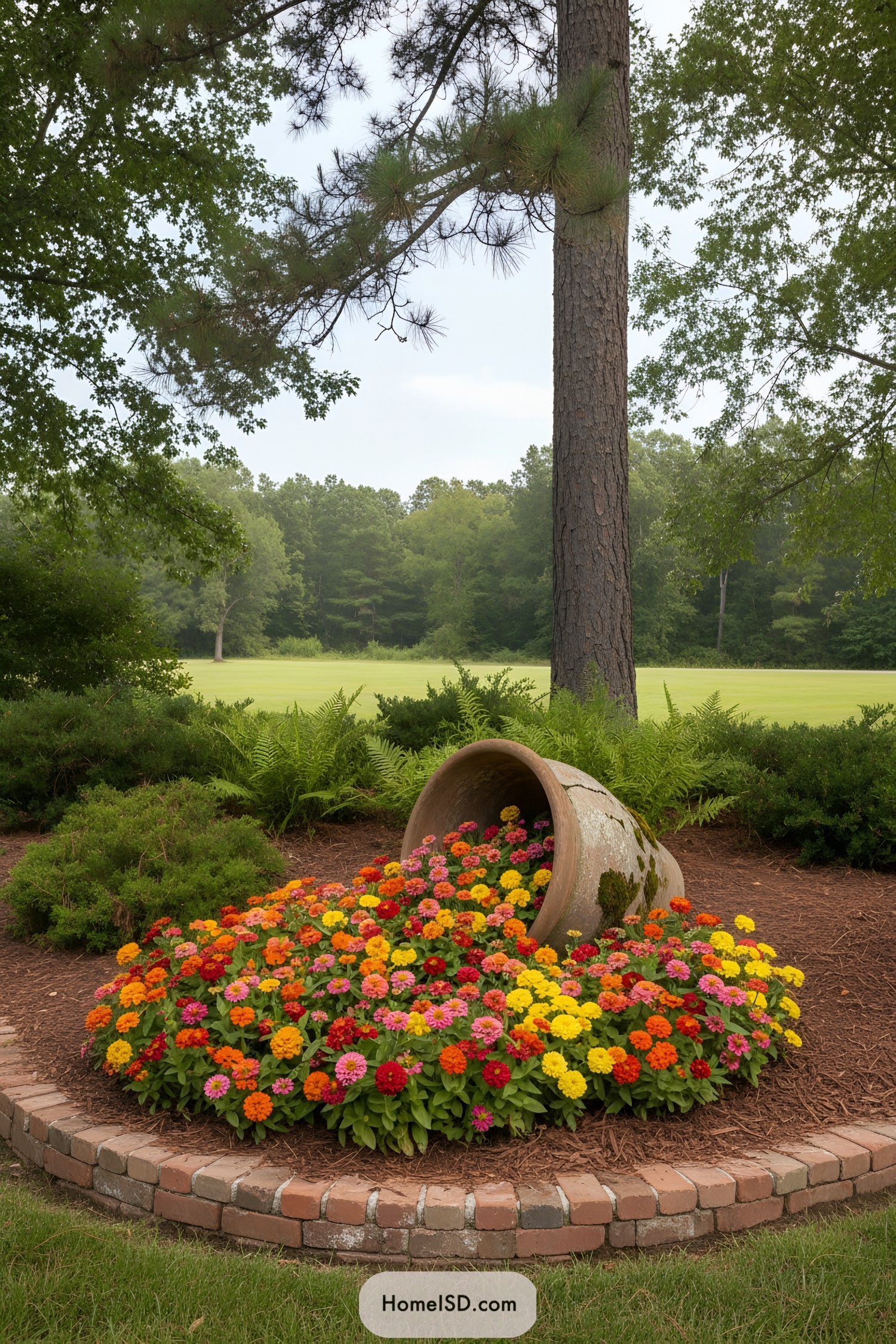 Terracotta urn spilling multicolor zinnias in a curved bed
