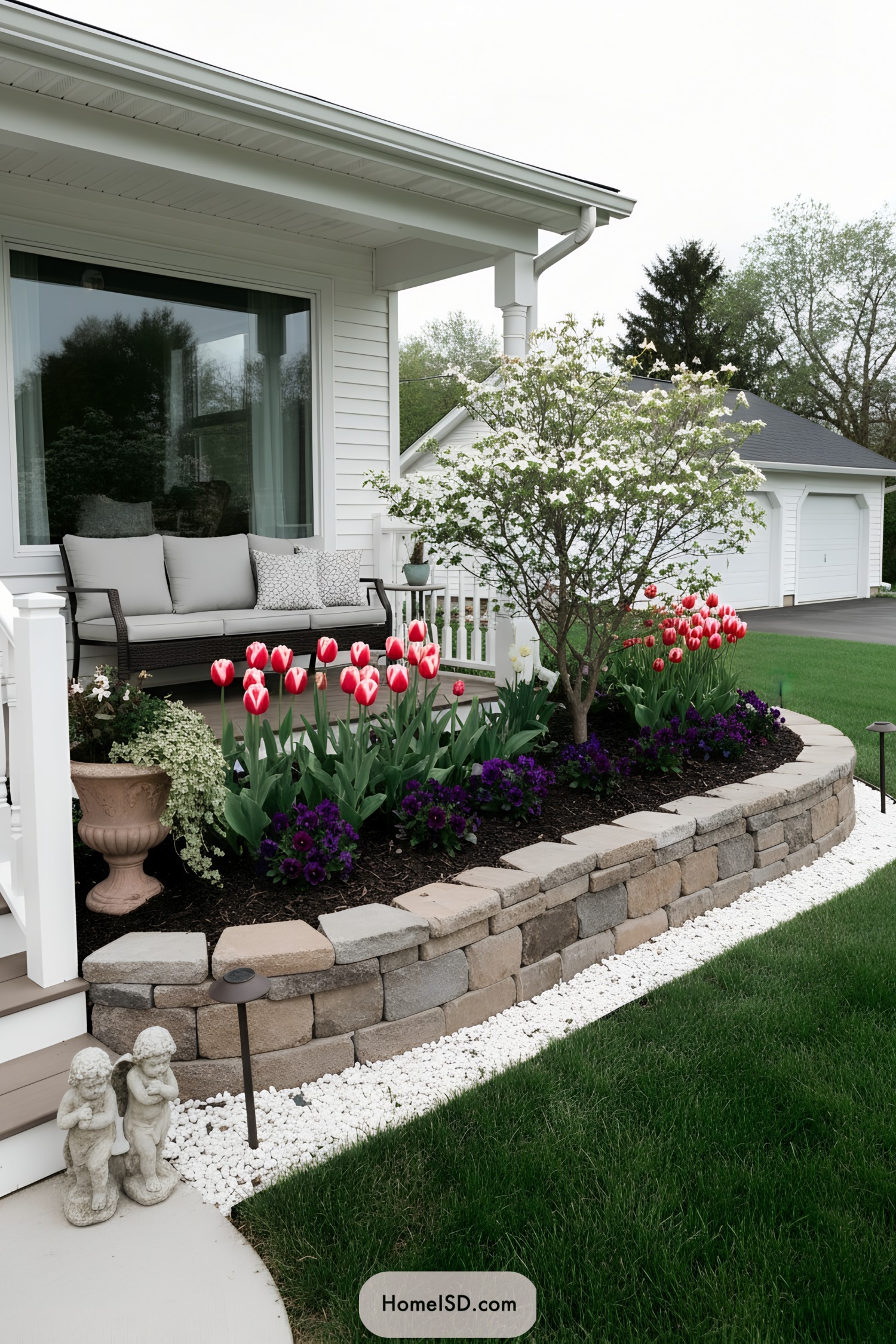 Raised stone-edged porch bed with tulips, dogwood, and violets