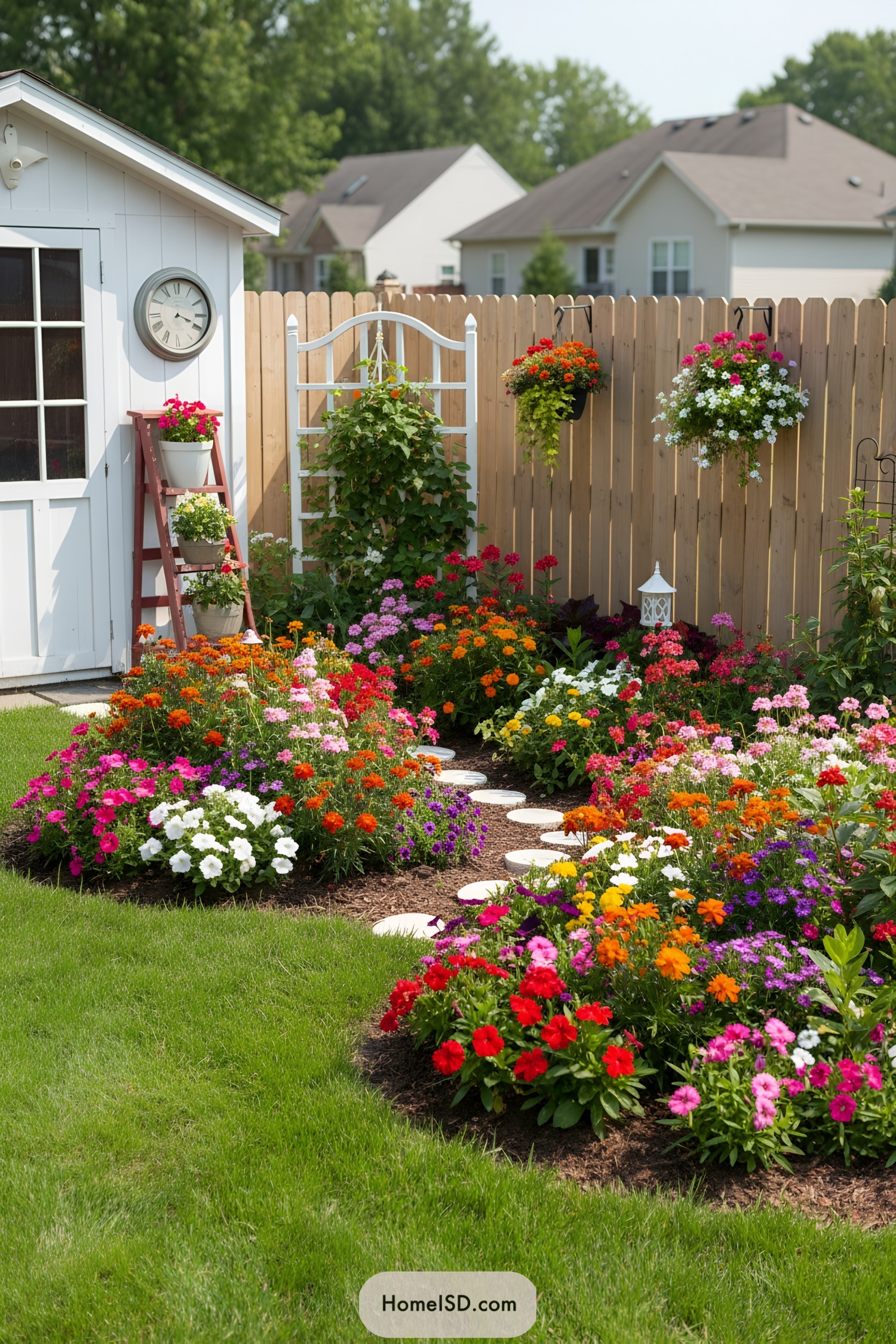 Colorful flower beds curving around a lawn with white stepping stones, hanging baskets, and a trellis by a shed