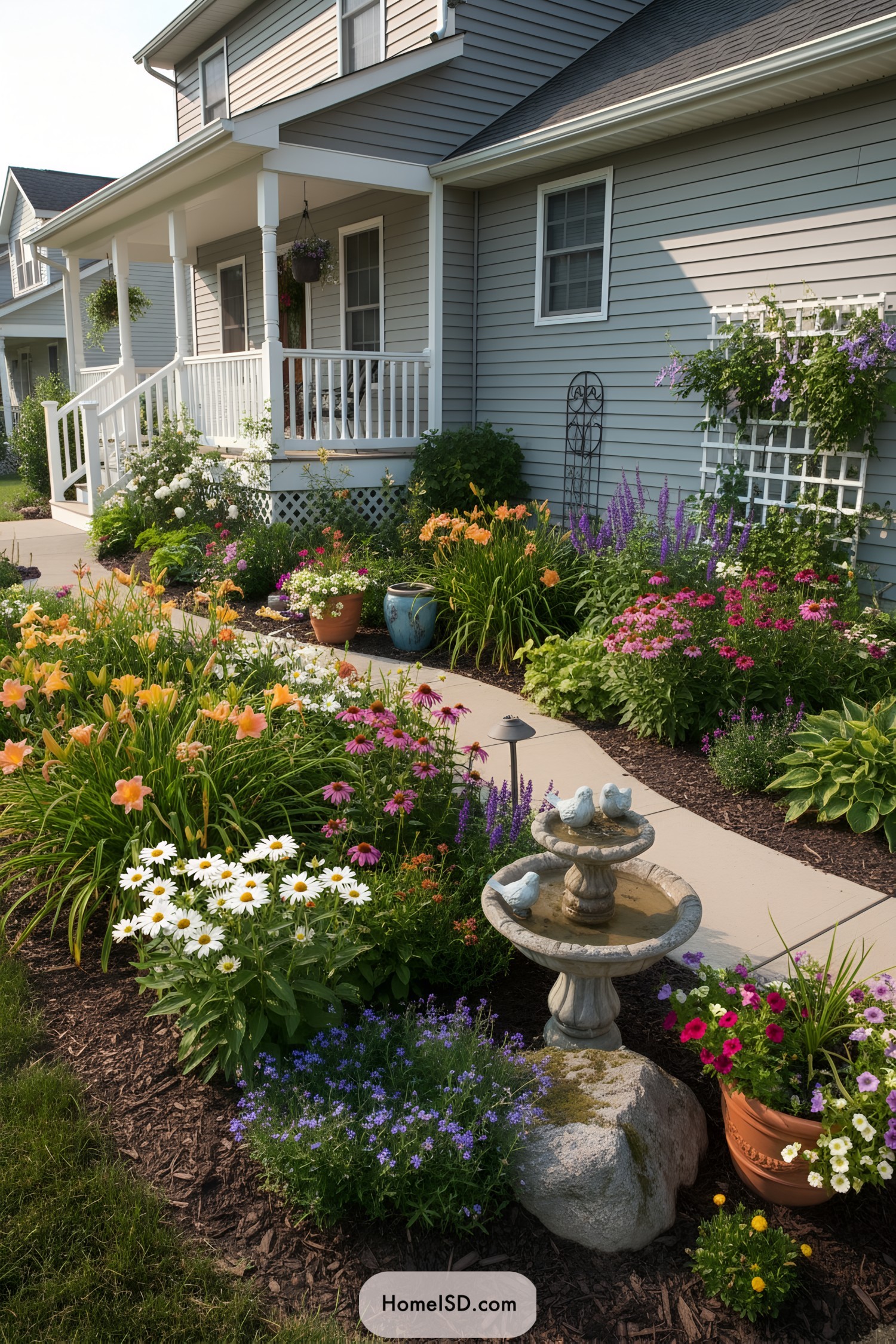 Front garden with birdbath, curving path, and colorful perennials