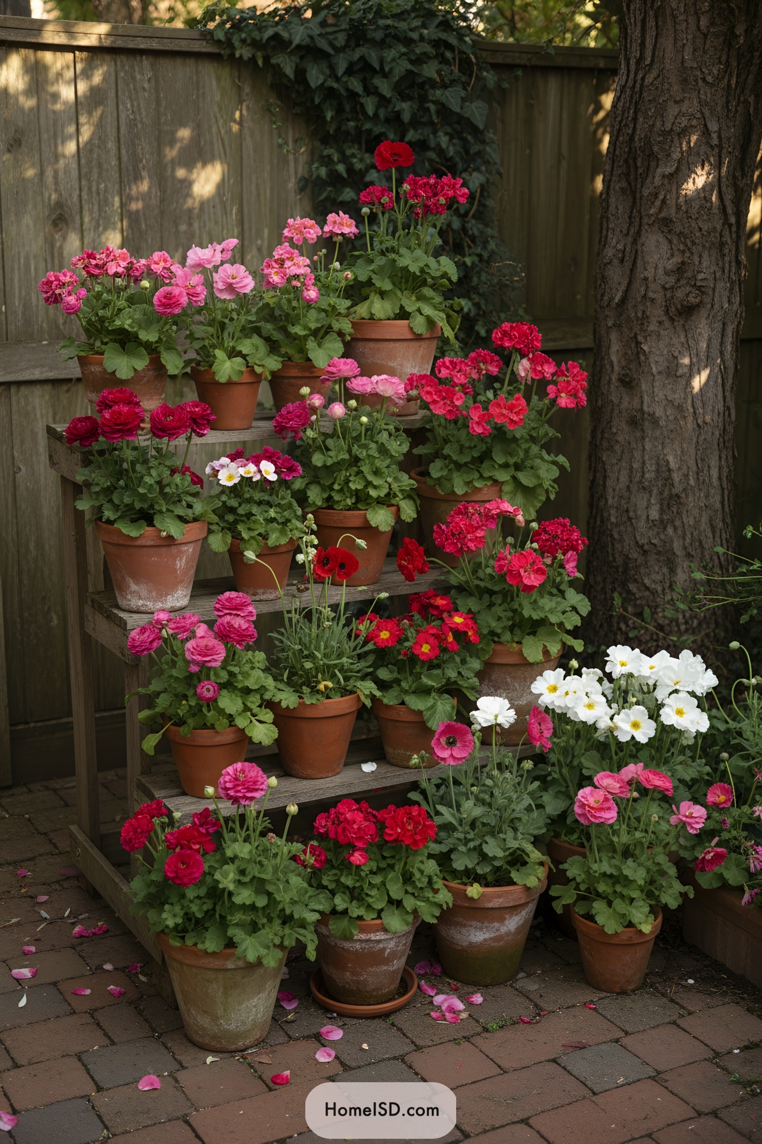 Tiered terracotta pots with pink, red, and white flowers on a wooden stand