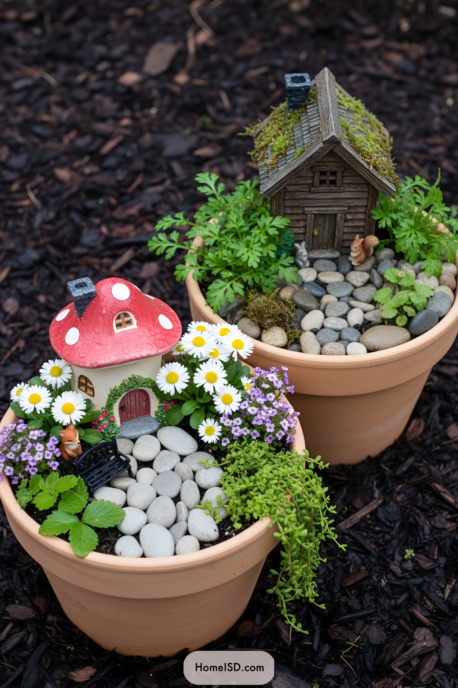 Two terracotta pots with miniature houses, pebble paths, daisies, and moss
