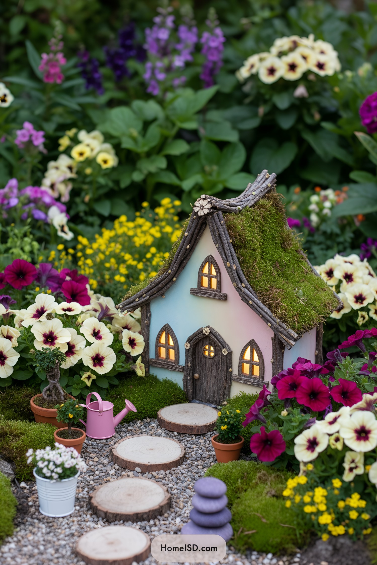 Mini fairy house with moss roof amid pansies, petunias, and stepping rounds