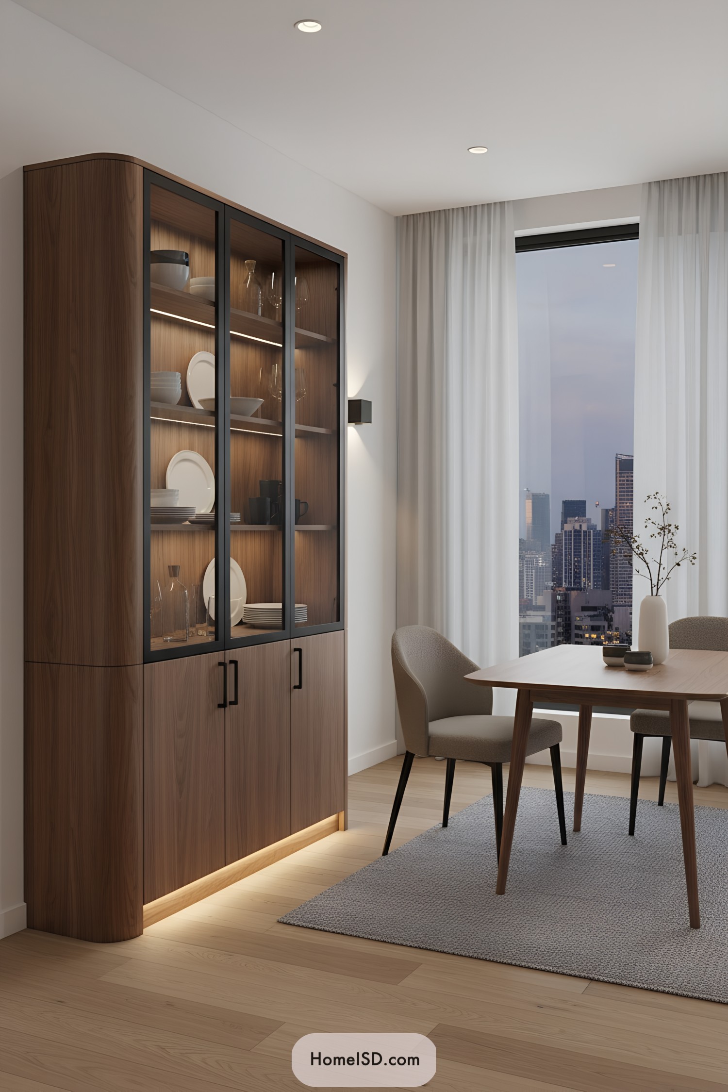 Tall walnut cabinet with smoked black-framed glass doors and integrated lighting, floating above a soft under-cabinet glow