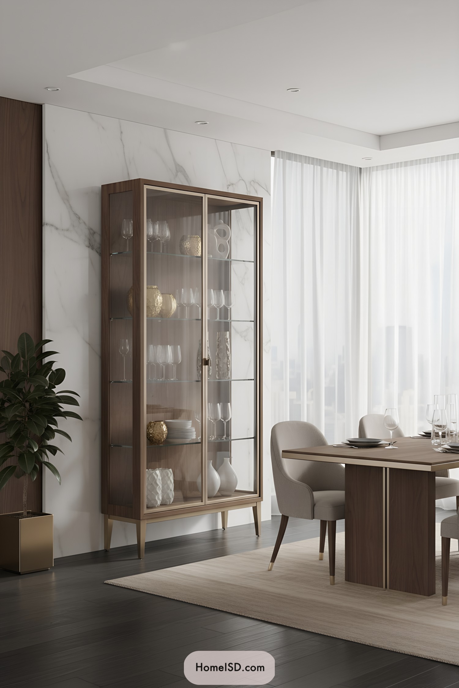 Tall glass-front cabinet with brass frame showcasing glassware and ceramics