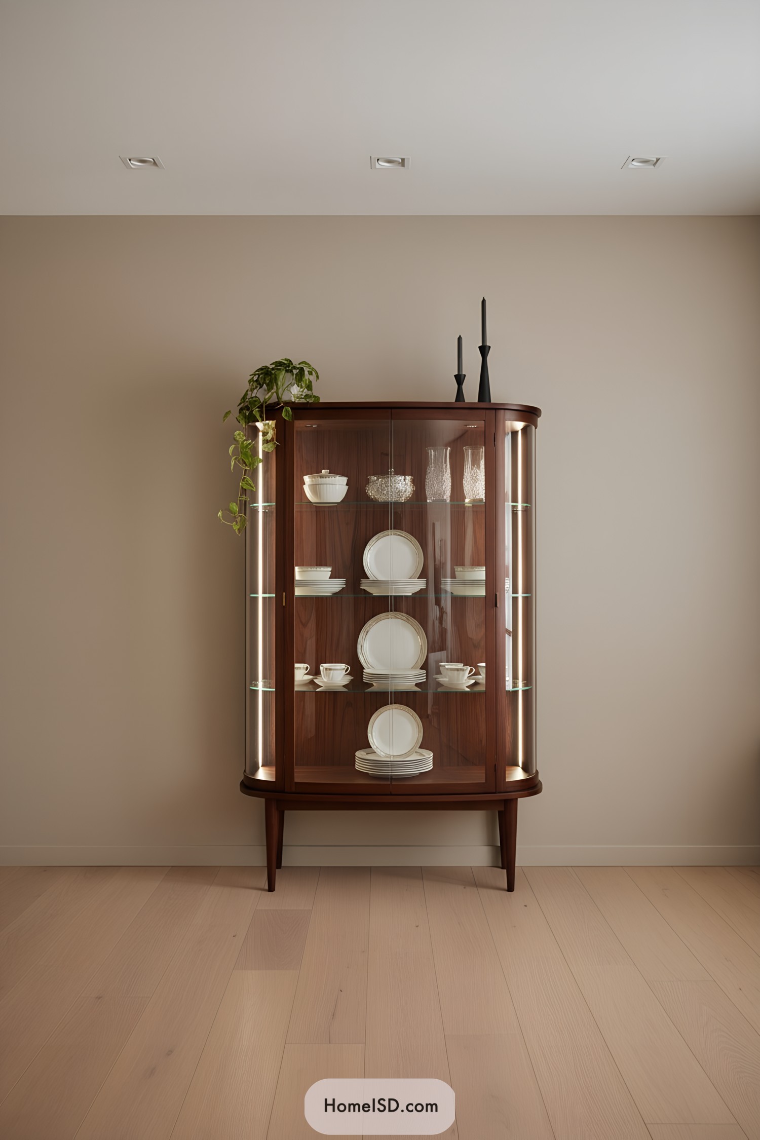 Curved walnut china cabinet with interior lighting