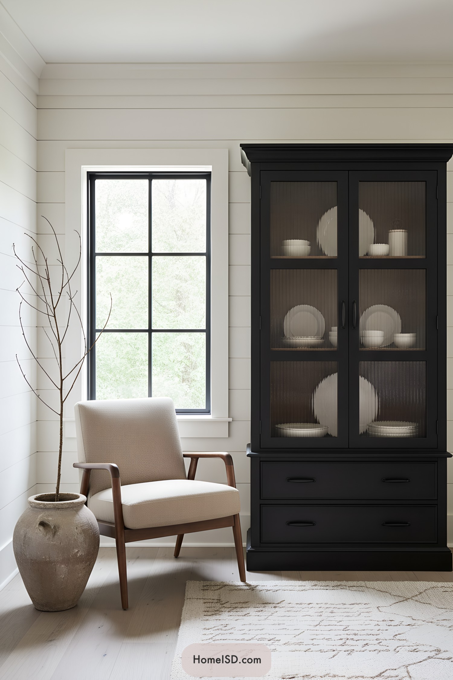 Black cabinet with fluted glass doors displaying white dinnerware beside a window and accent chair