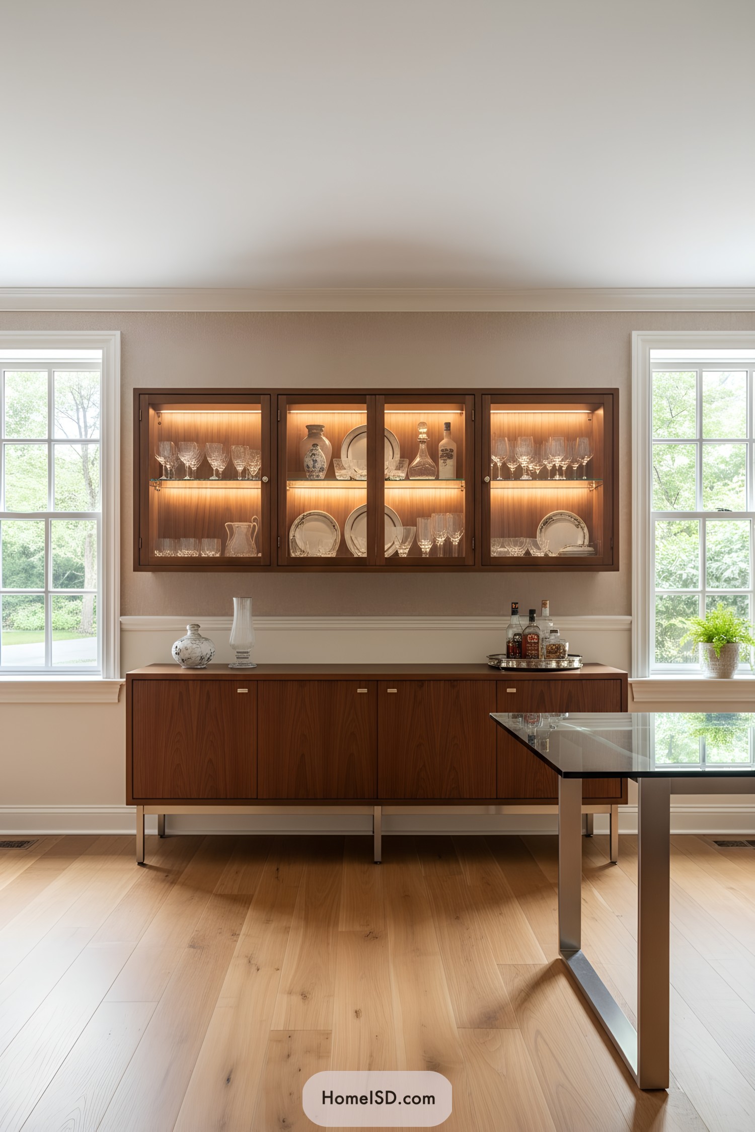 Wall-mounted walnut china cabinet with warm lighting