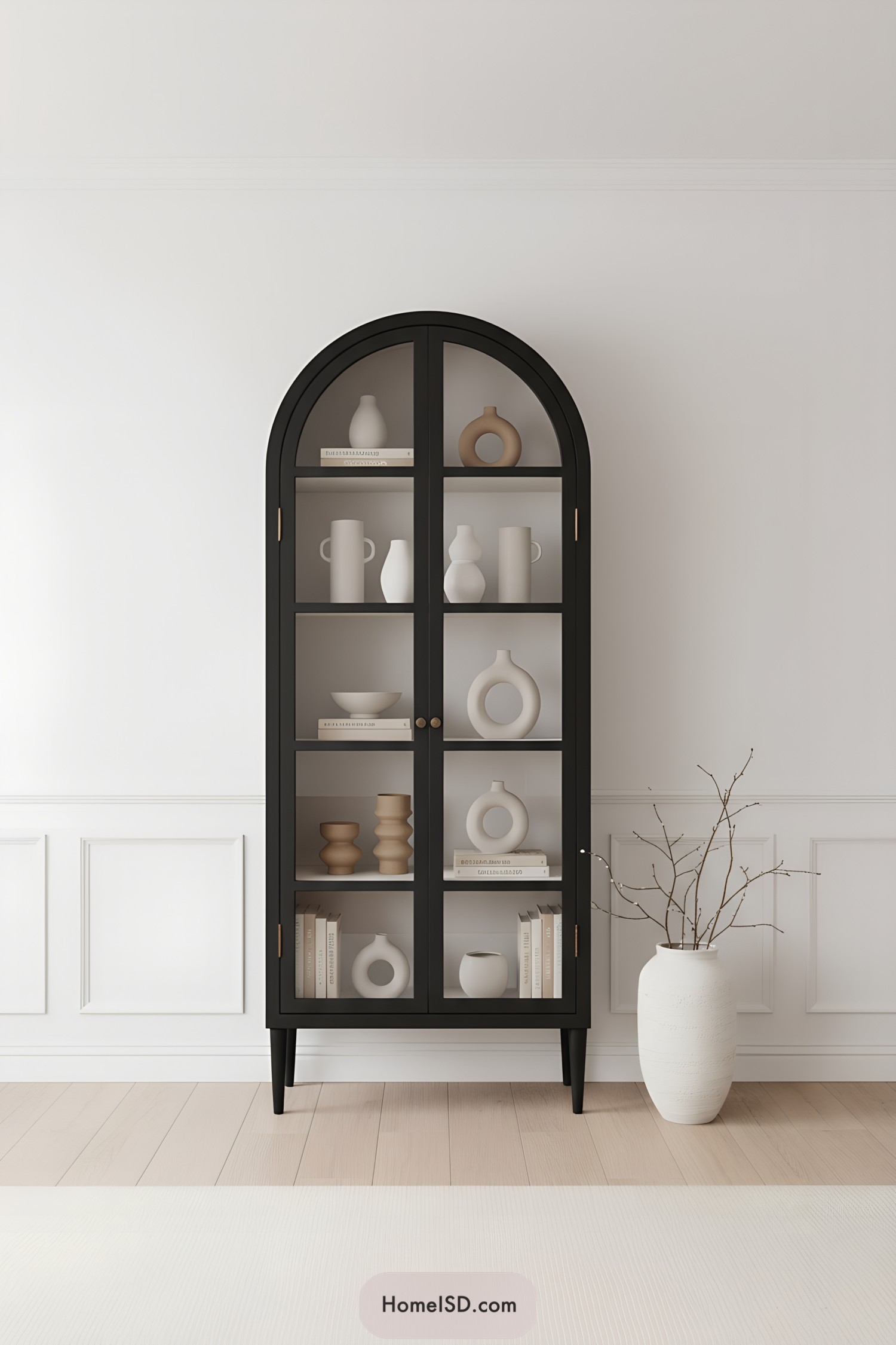 Black arched cabinet with glass doors