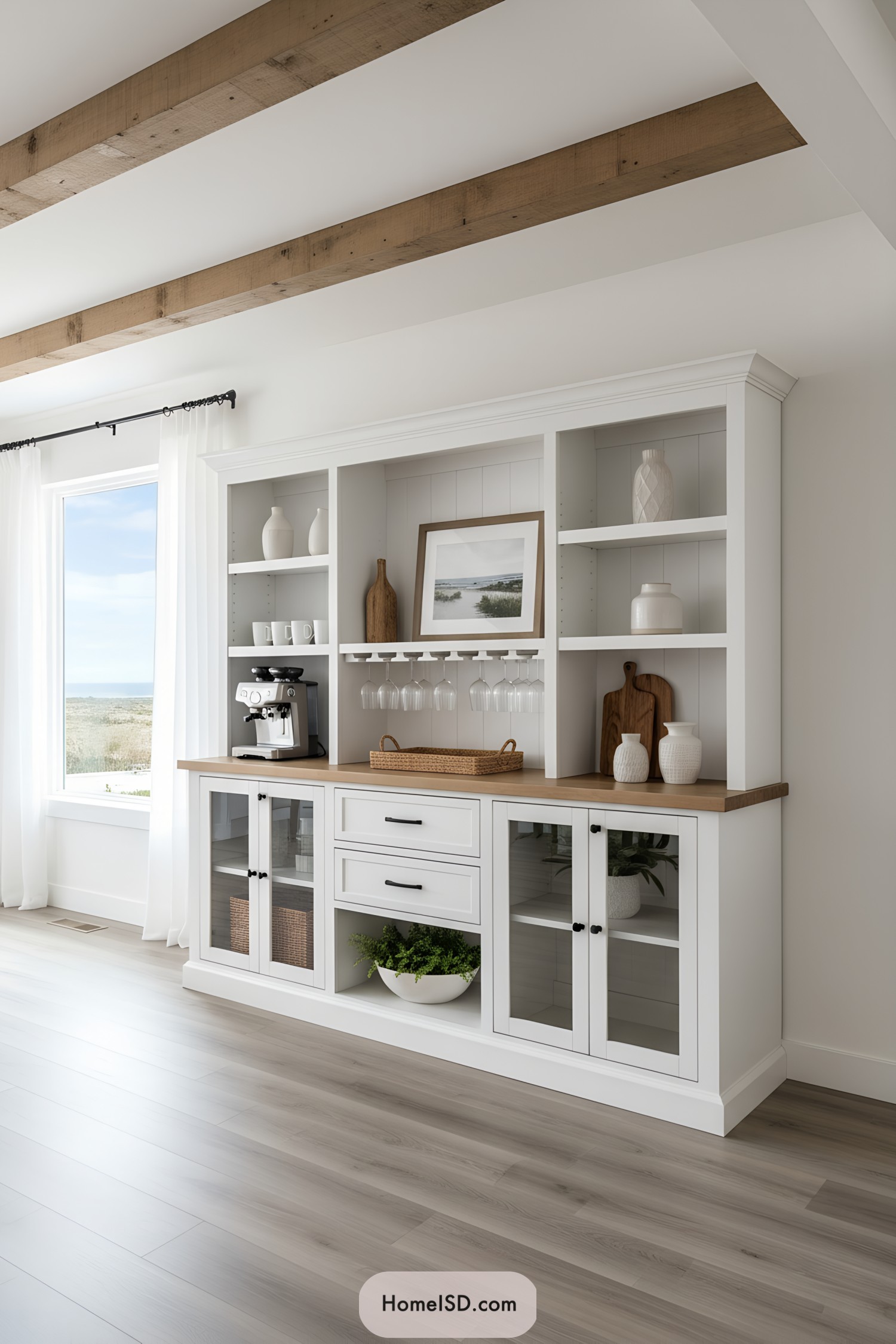White built-in hutch with glass doors and wood top