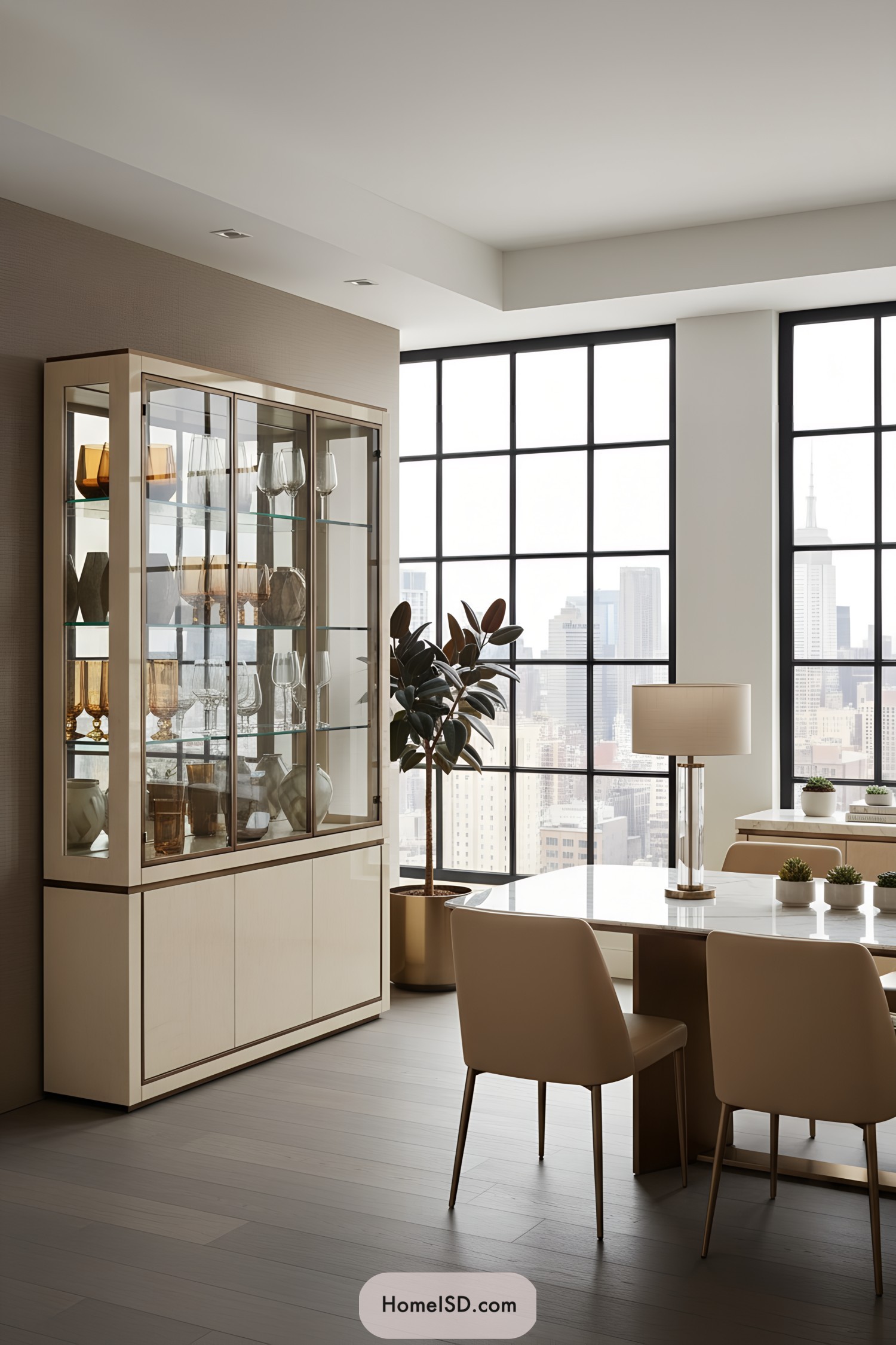 Tall glass-front china cabinet with champagne-metal trim and pale wood base
