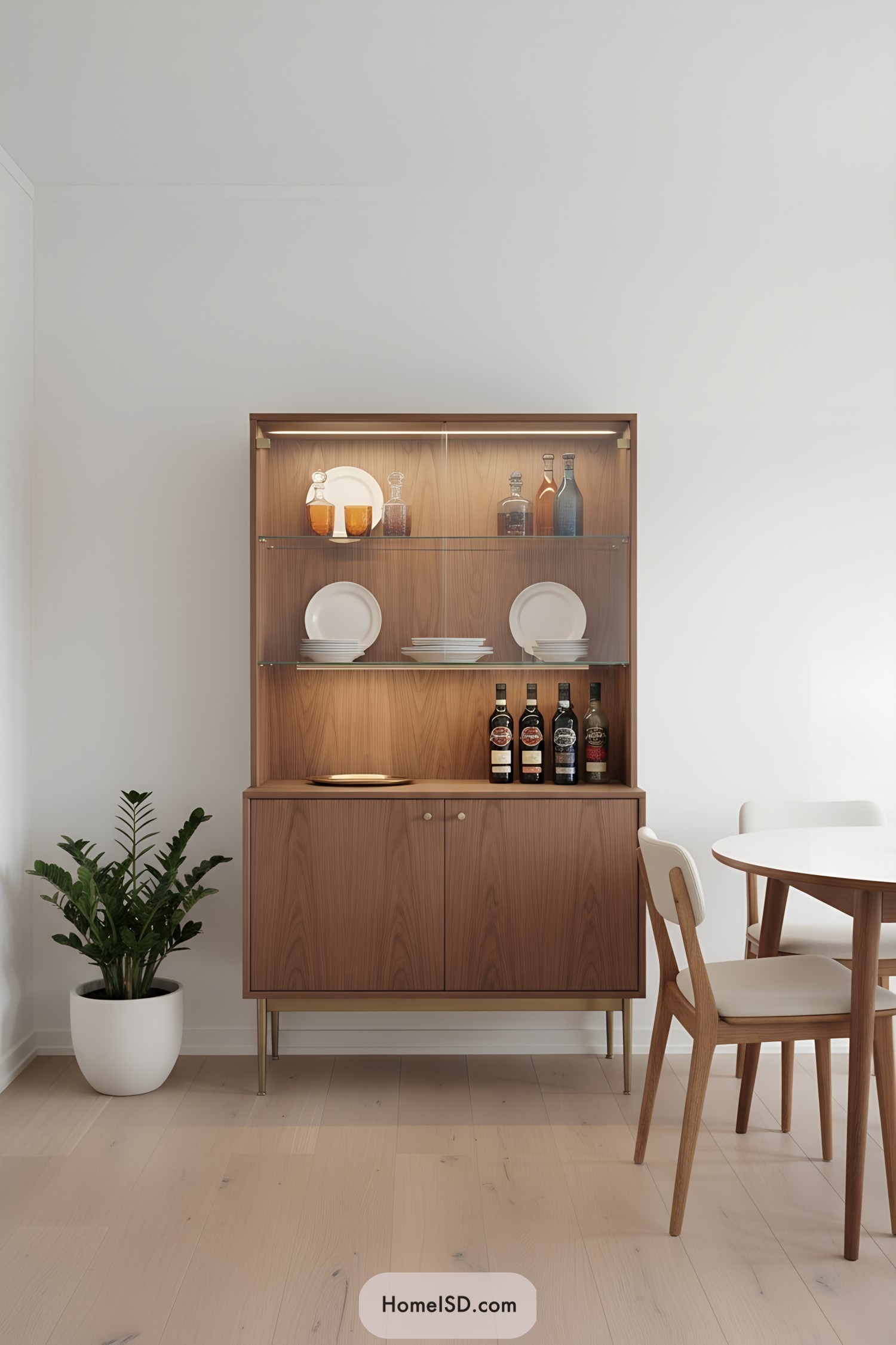 Walnut cabinet with brass legs and lit glass shelves