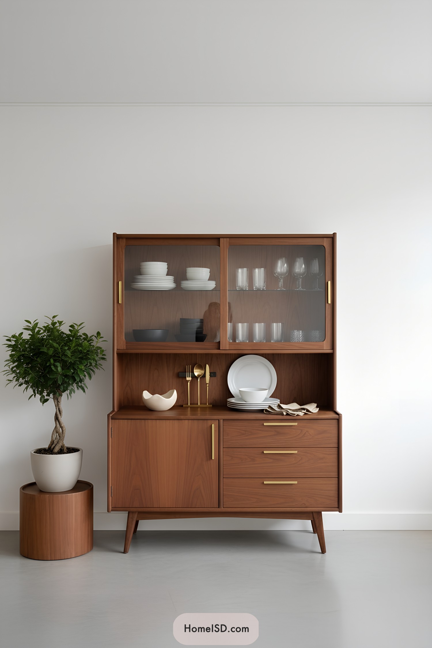 Walnut china cabinet with glass doors and brass pulls
