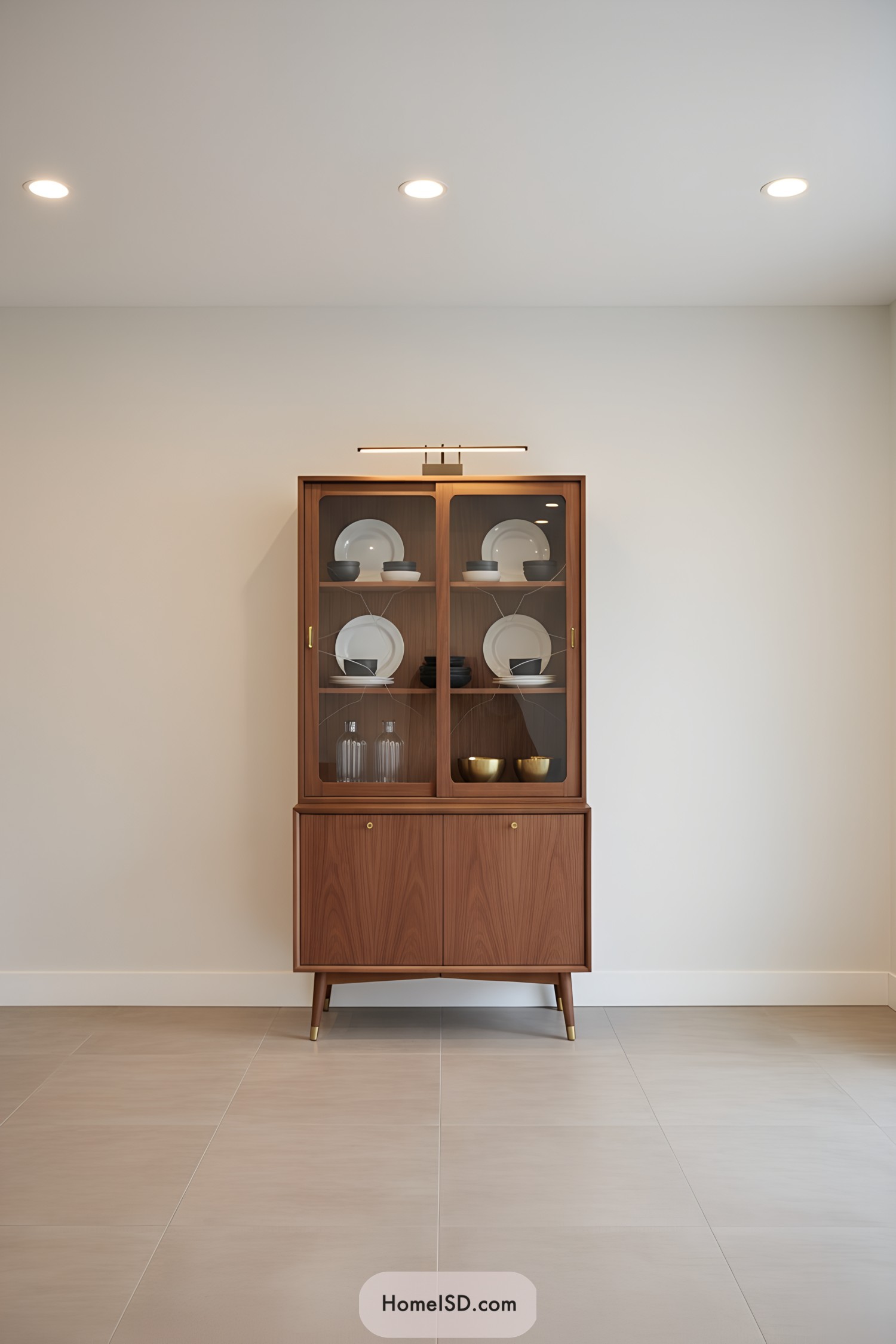 Slim walnut hutch with glass doors and brass accents showcasing dinnerware