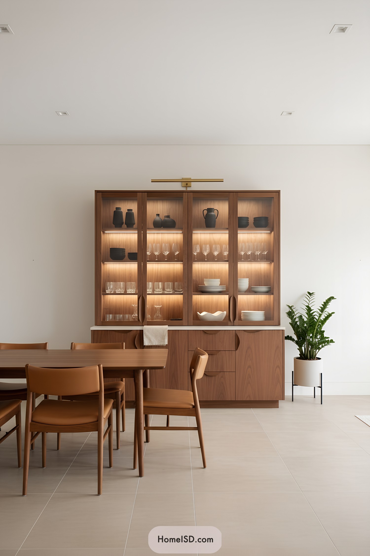 Warm walnut glass-front cabinet with interior lighting and brass picture light