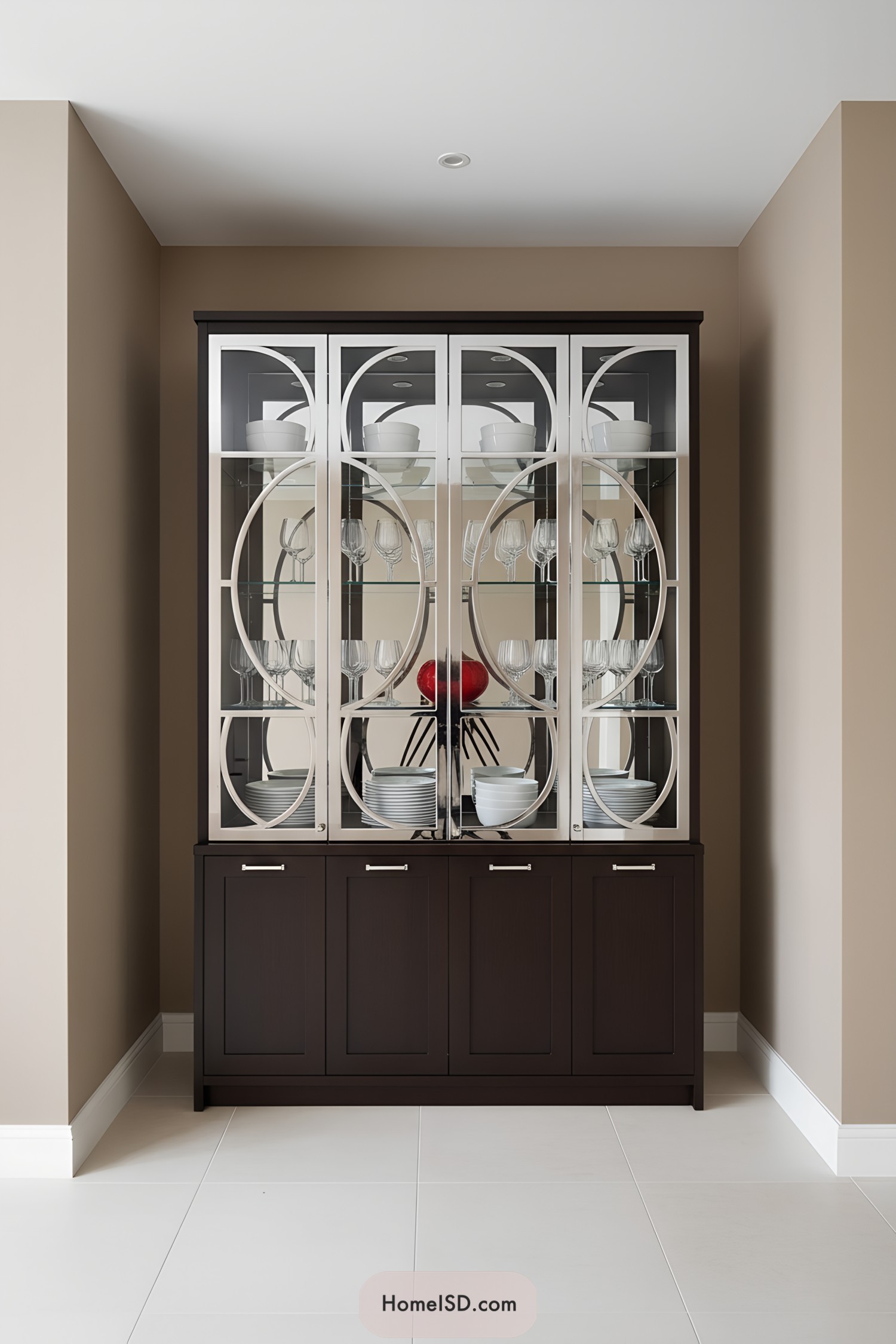 Tall dark-wood china cabinet with mirrored circular muntins and glass doors showcasing white dishes and stemware