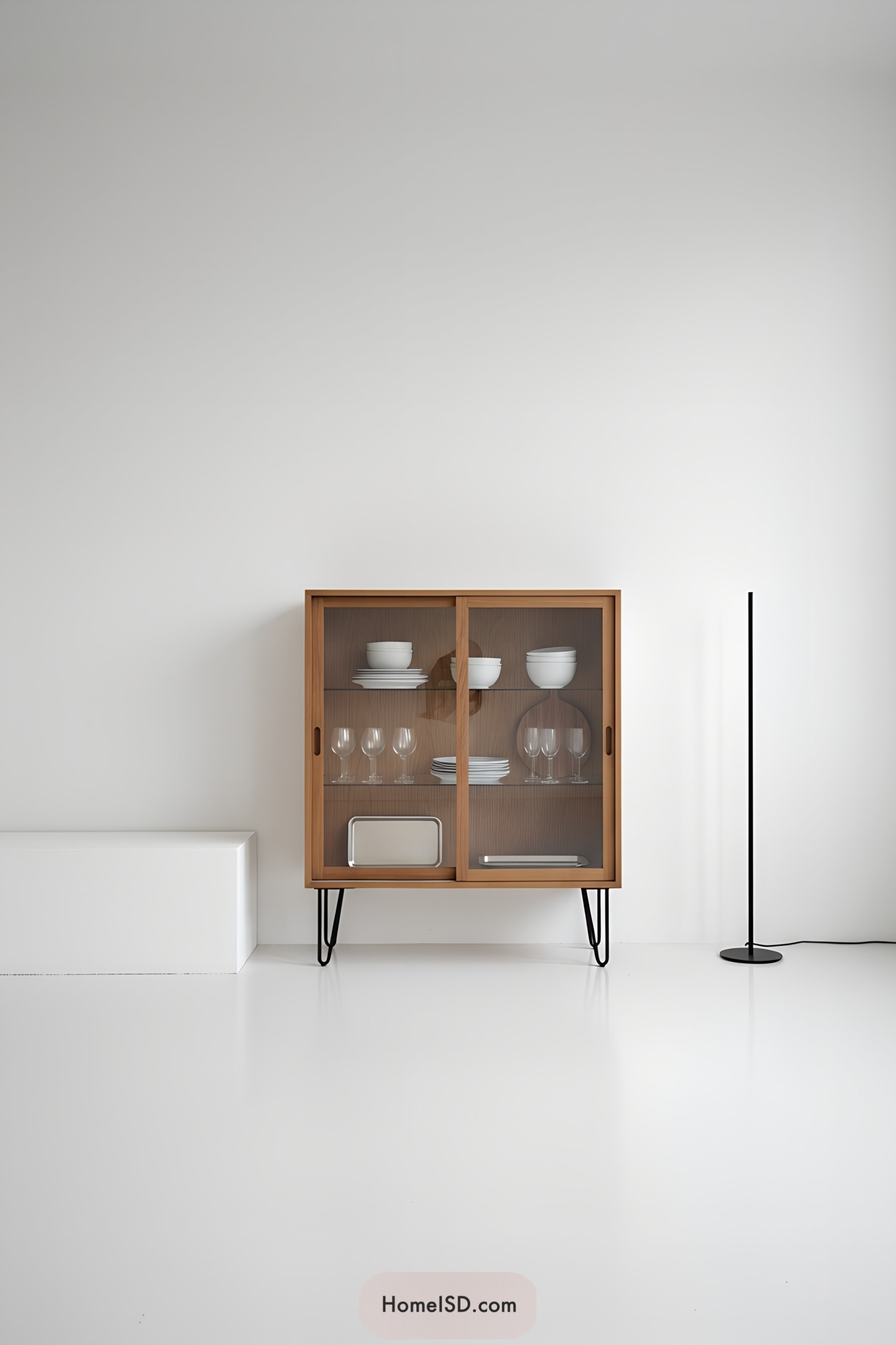 Compact wood cabinet with glass sliders