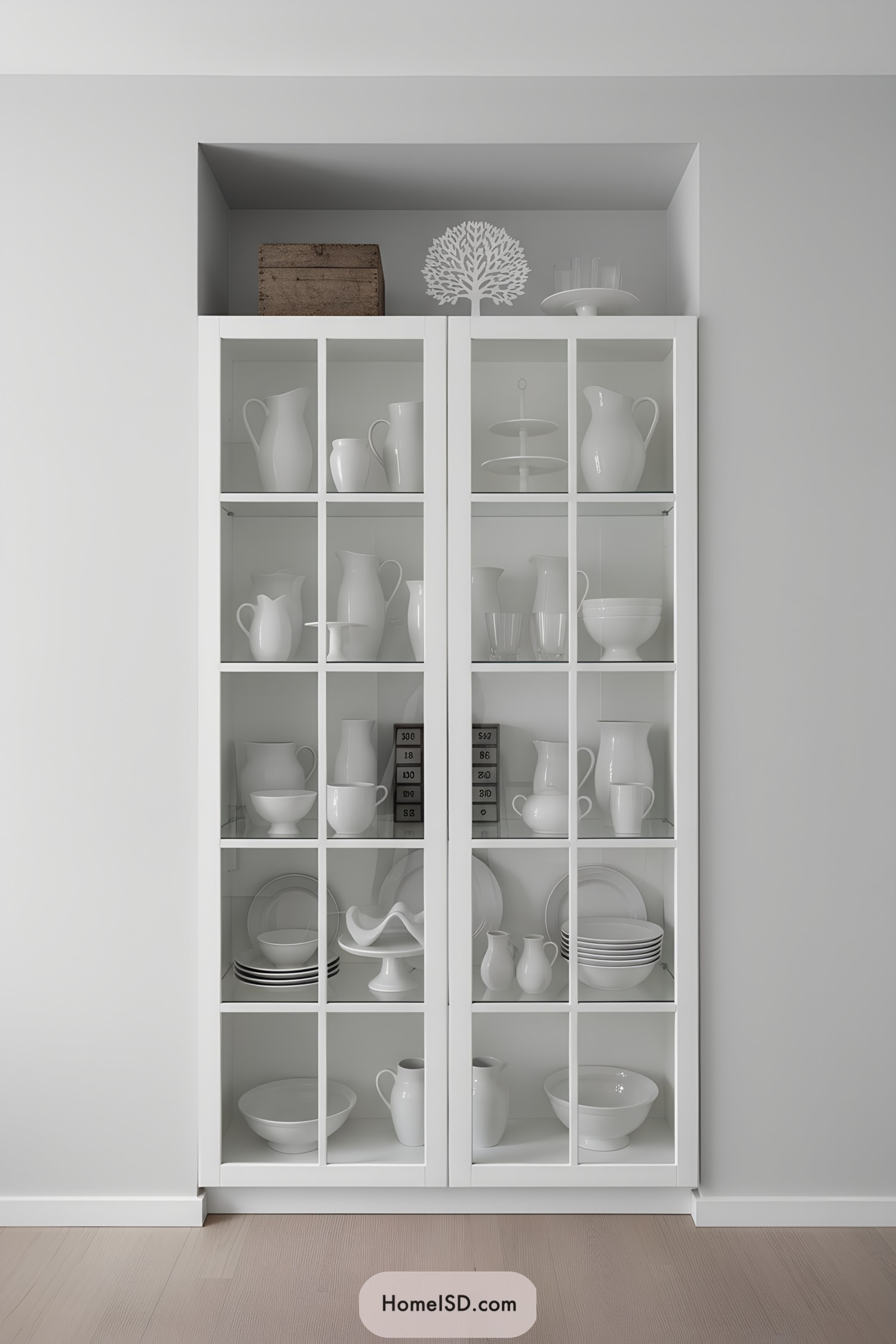 White glass-front cabinet with grid doors displaying monochrome dishware