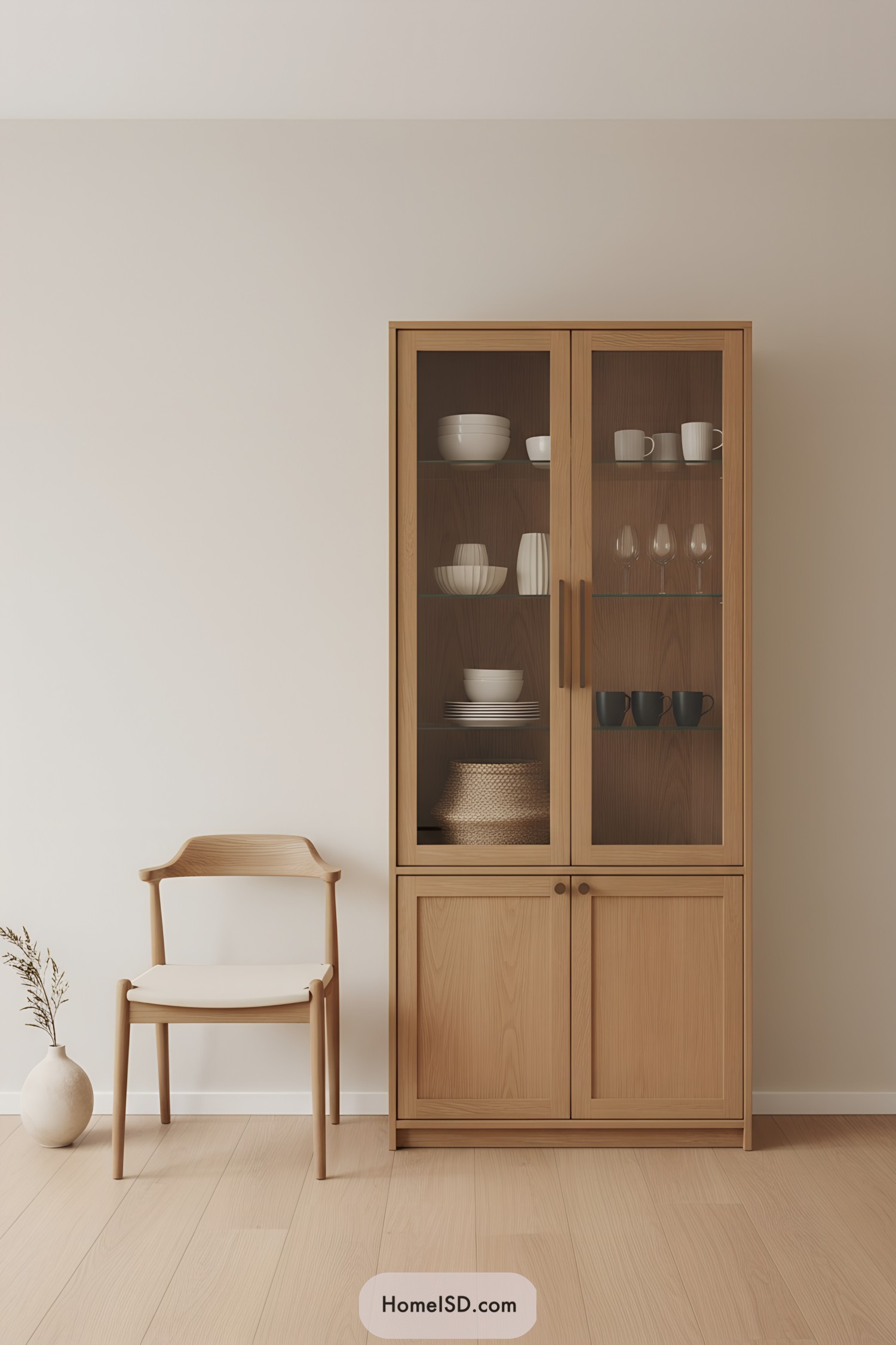 Light oak china cabinet with glass doors