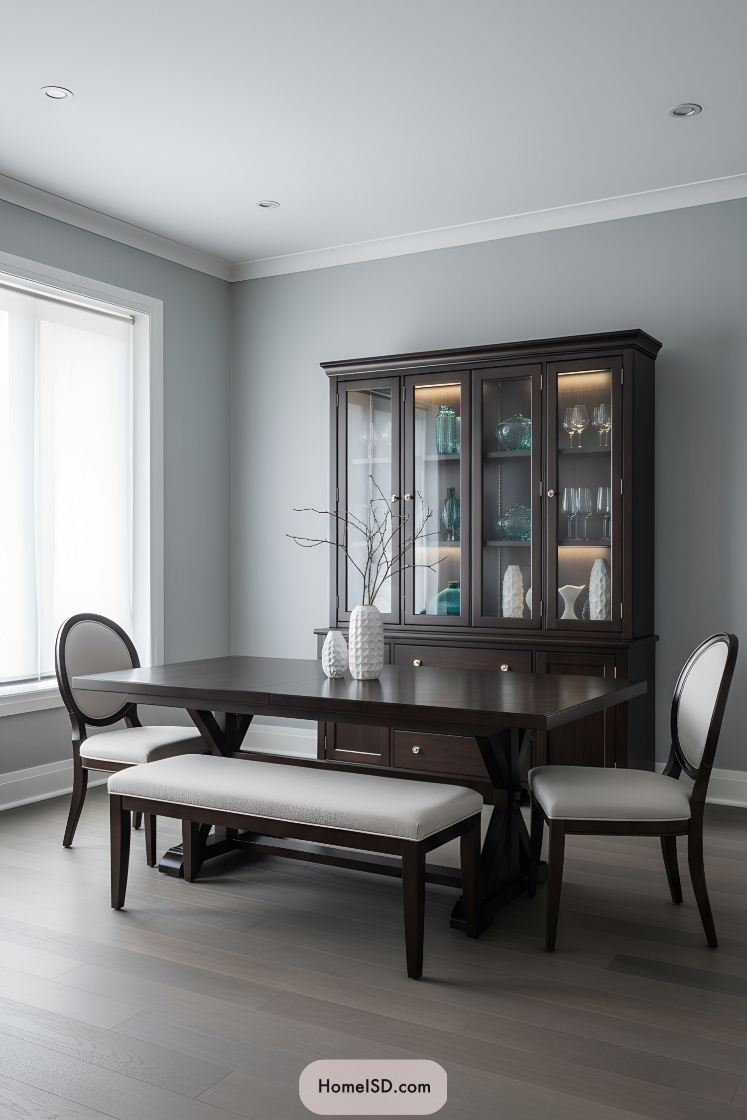 Dark wood china cabinet with lit glass doors