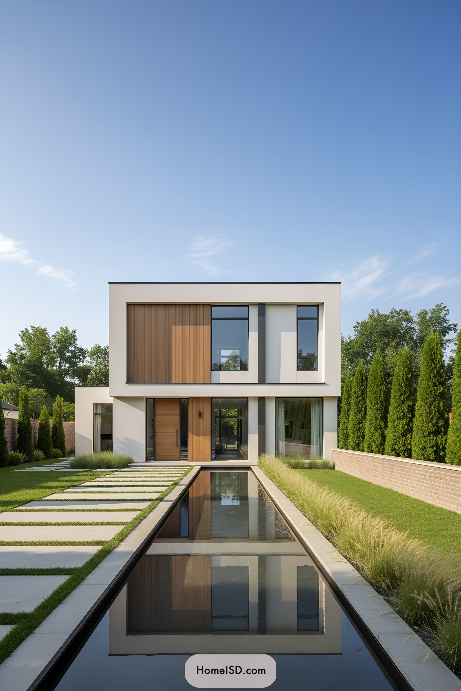 Modern house with sleek reflecting pool and linear landscape