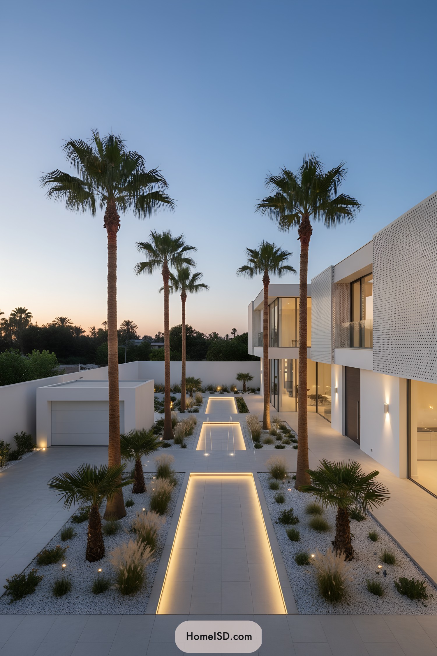Modern villa courtyard with palm-lined, LED-lit pathways at dusk