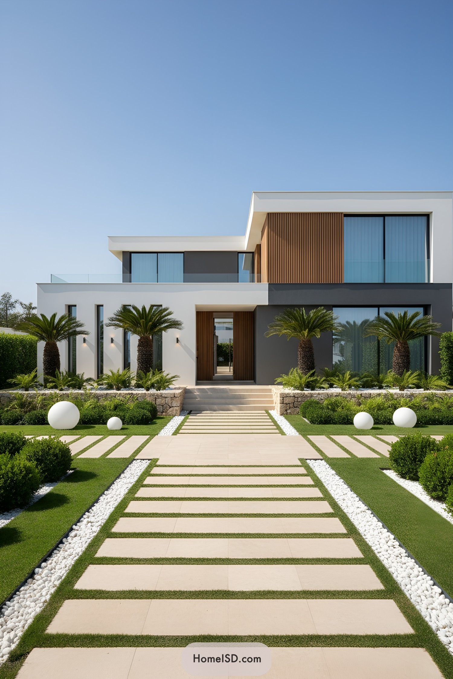 Modern villa with linear path, palms, and sculpted hedges leading to a minimalist facade