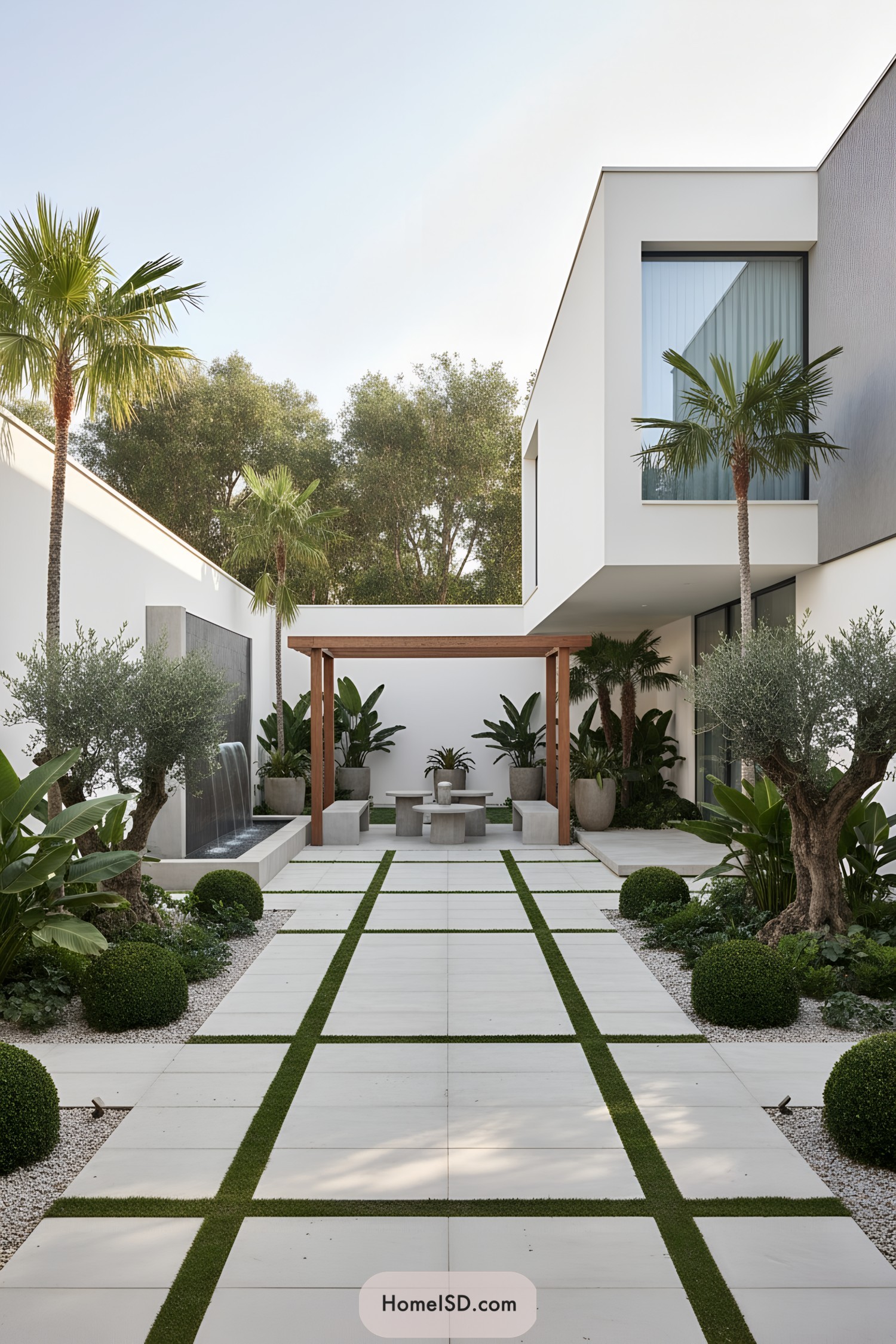 Modern courtyard with pergola, water wall, and geometric pavers